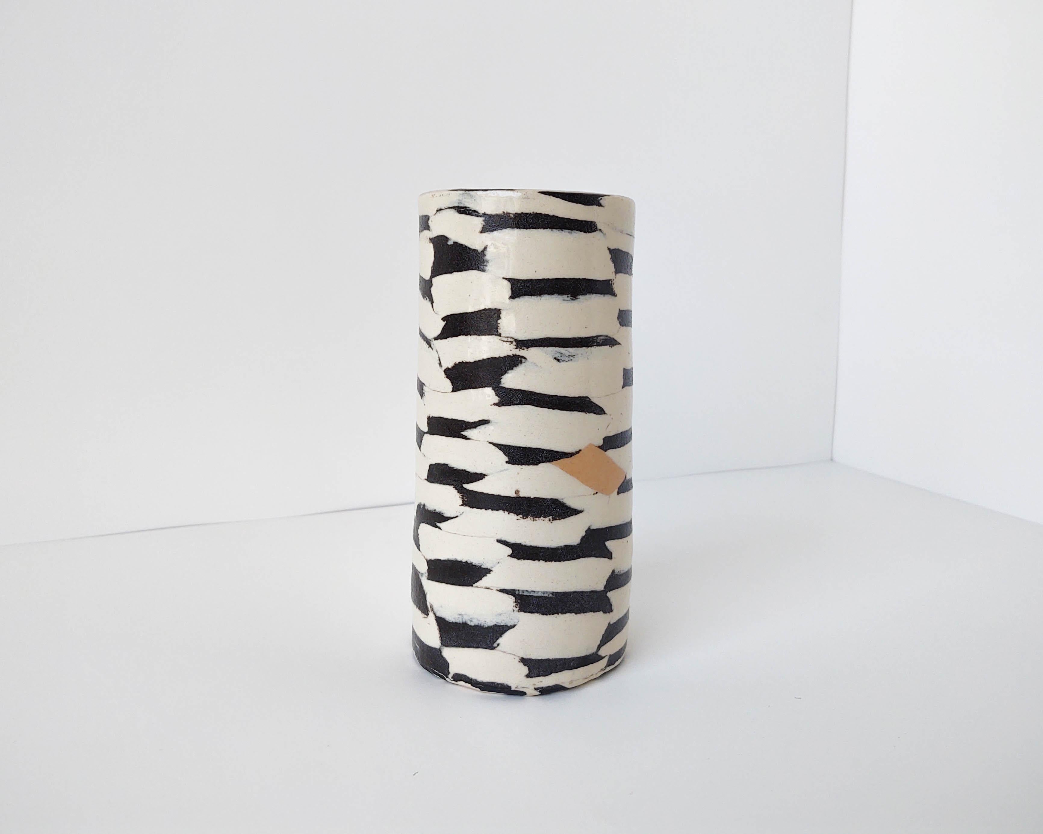 Organic Modern Nerikomi Abstract Checkered Ceramic Vase with Peach Accent by Fizzy Ceramics