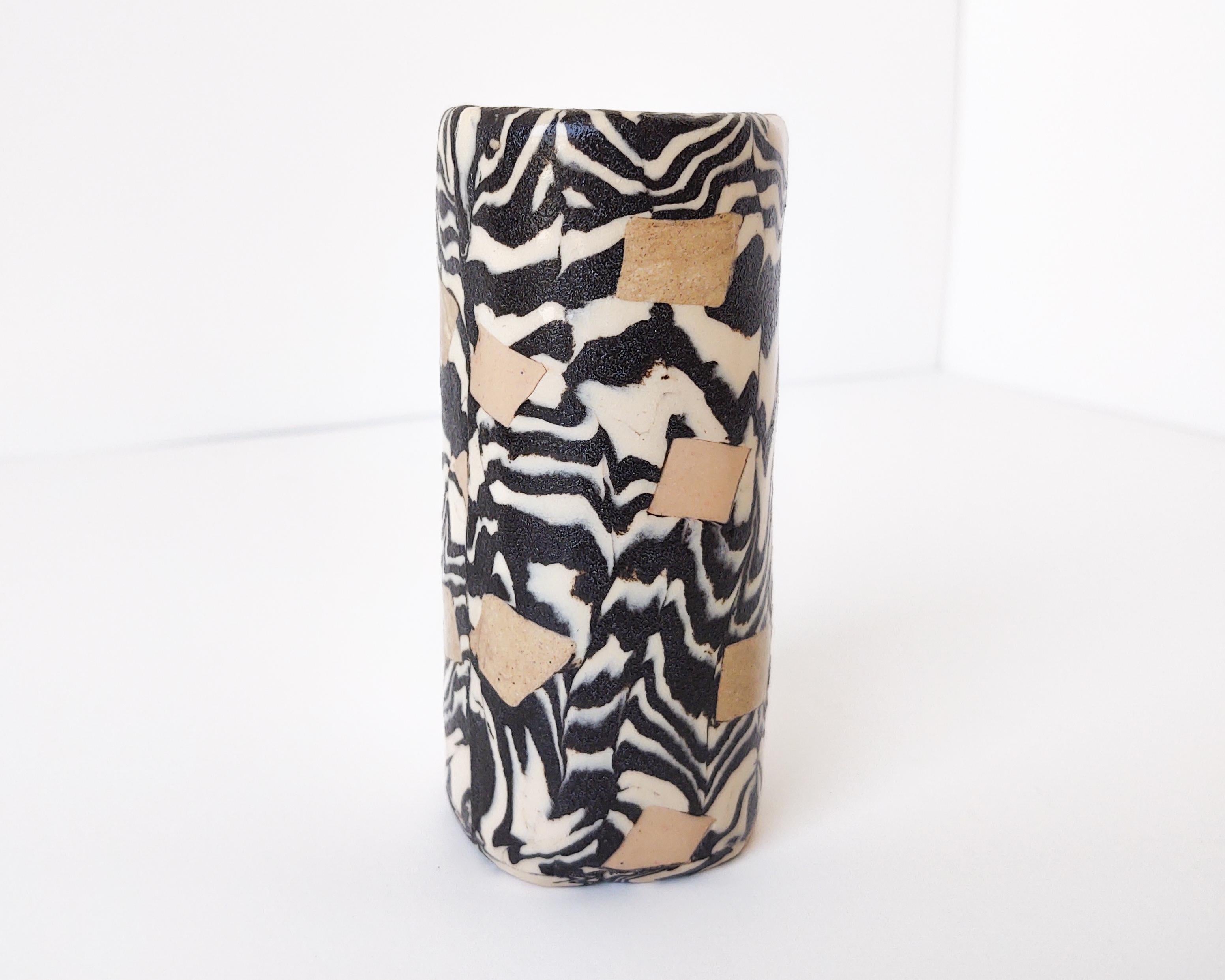 Organic Modern Nerikomi Black & White Checkered Ceramic Vase by Fizzy Ceramics