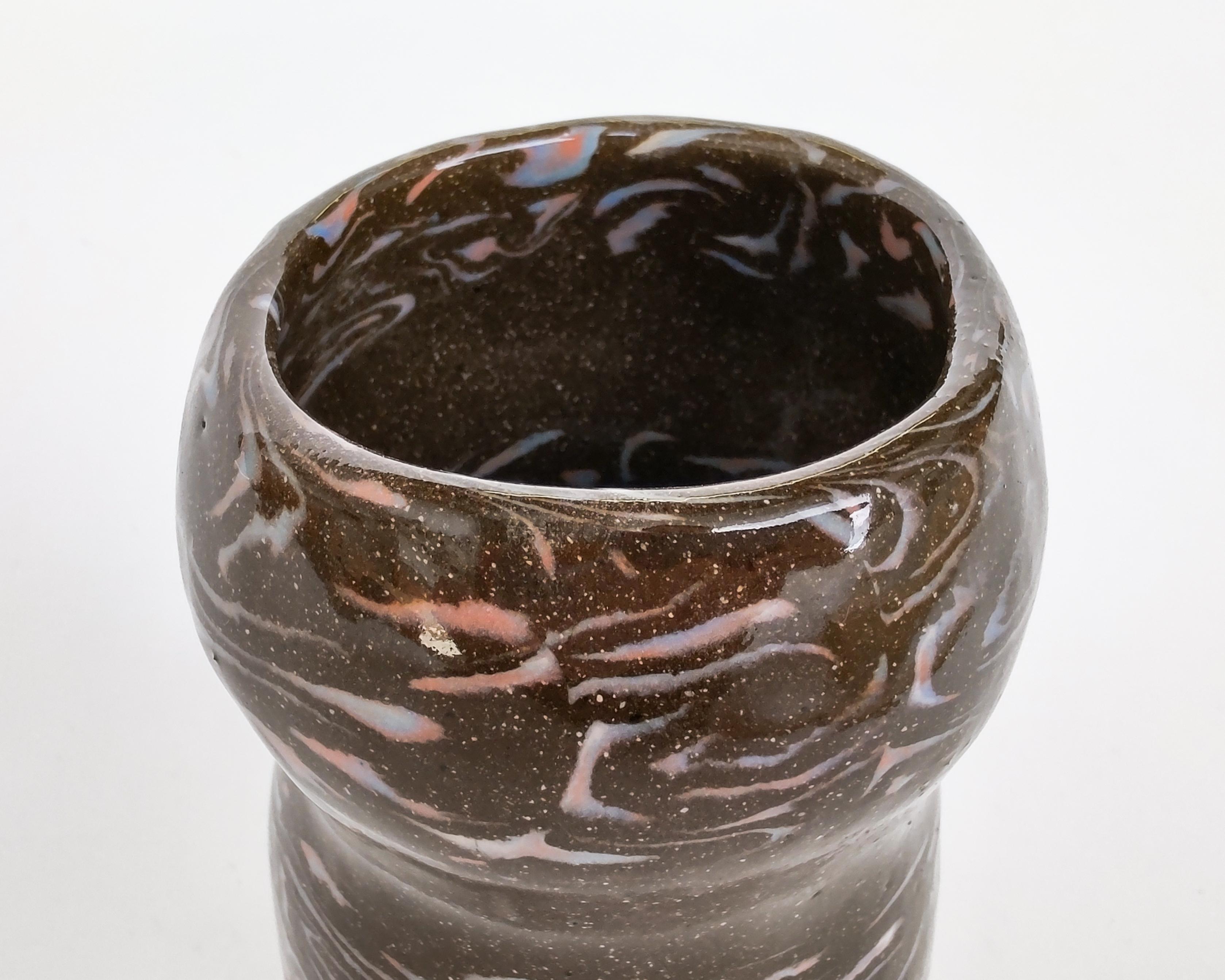 Hand-Crafted Nerikomi Sandy Brown with Rainbow Squiggles Ceramic Vase by Fizzy Ceramics For Sale