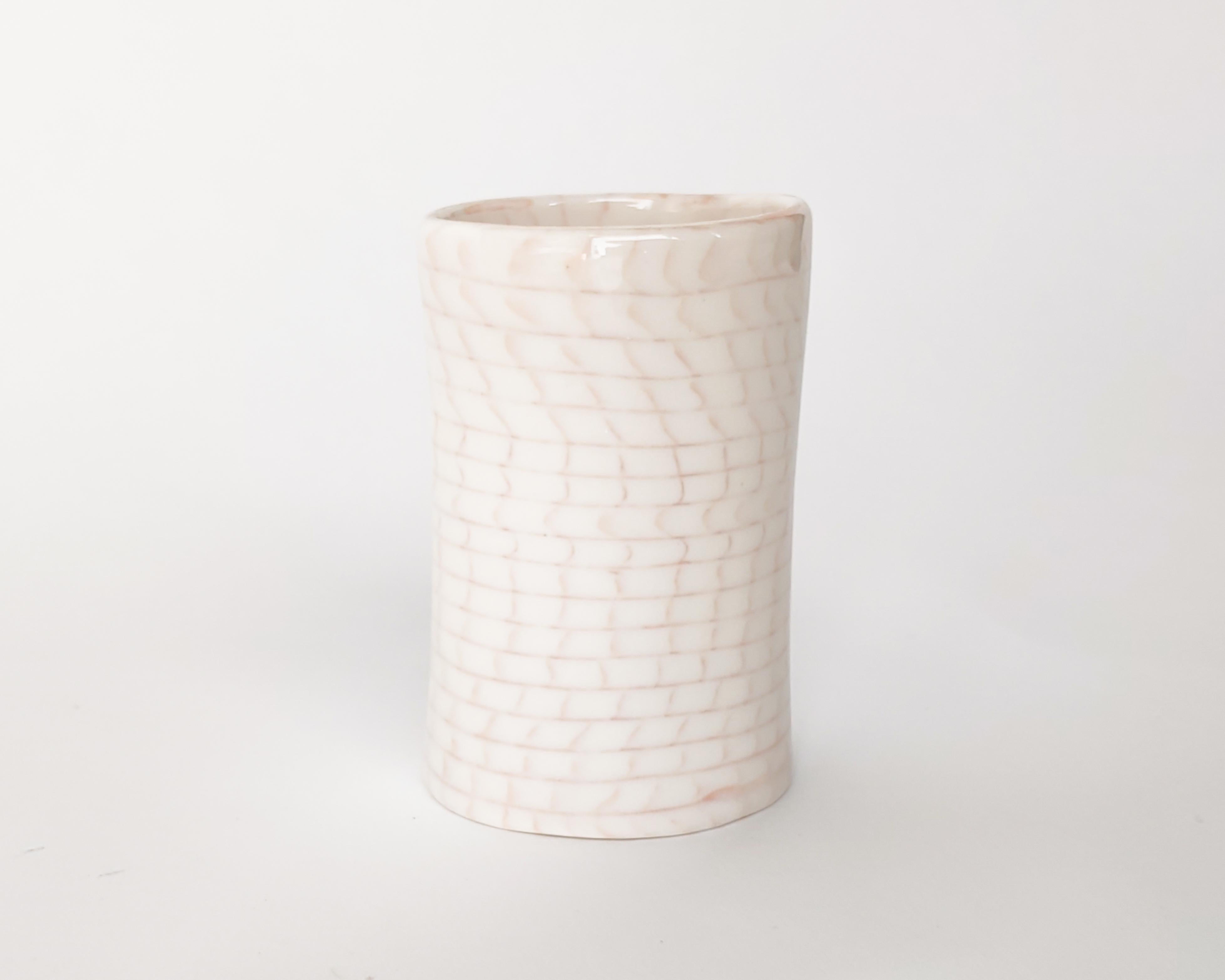 Organic Modern Nerikomi White Bricks with Orange Grid Lines Vase by Fizzy Ceramics For Sale