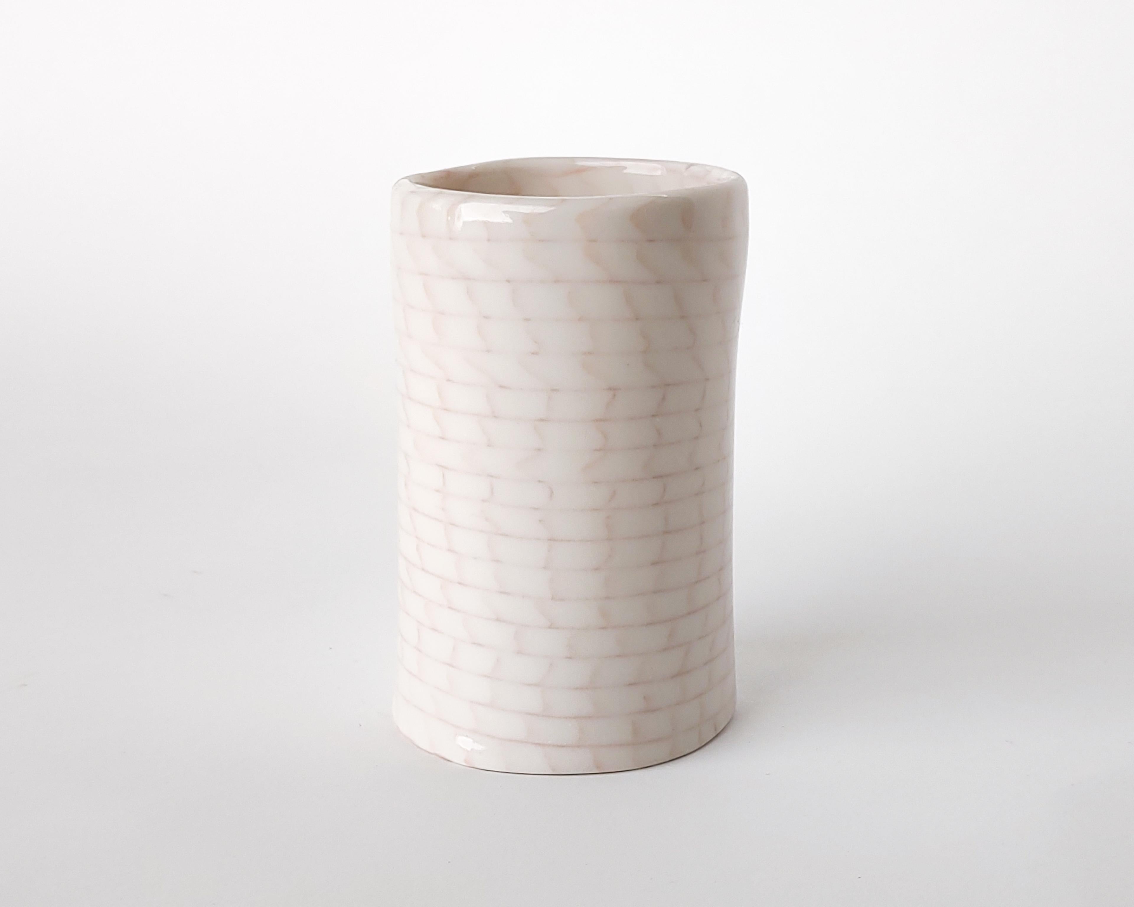 Clay Nerikomi White Bricks with Orange Grid Lines Vase by Fizzy Ceramics For Sale