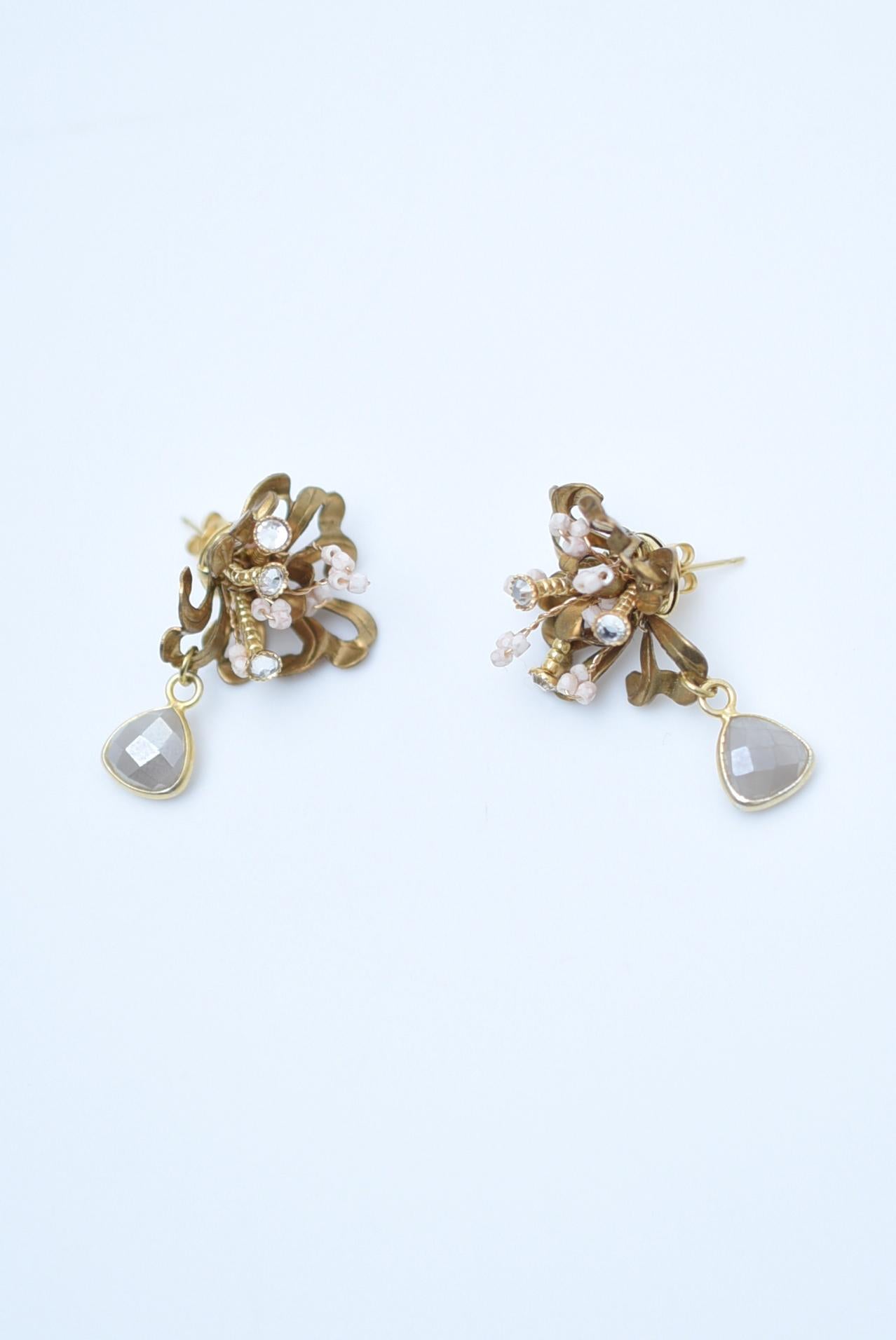 materiale:Ottone, perle di vetro giapponesi vintage anni '70, swarovski, pezzi vintage anni '70
dimensioni: lunghezza 3 cm


La caratteristica principale è la pietra di luna grigia che oscilla sotto il fiore di nerina. Il motivo floreale più grande
