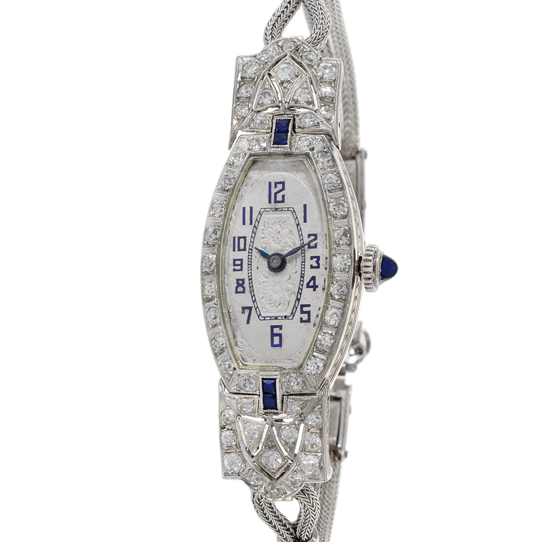 Round Cut Nerny Platinum Cocktail Watch With Diamonds and Sapphires For Sale