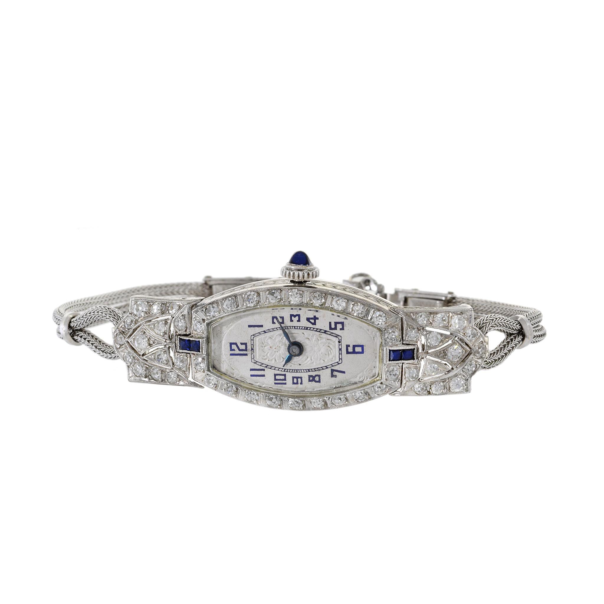 Nerny Platinum Cocktail Watch With Diamonds and Sapphires In Good Condition For Sale In New York, NY