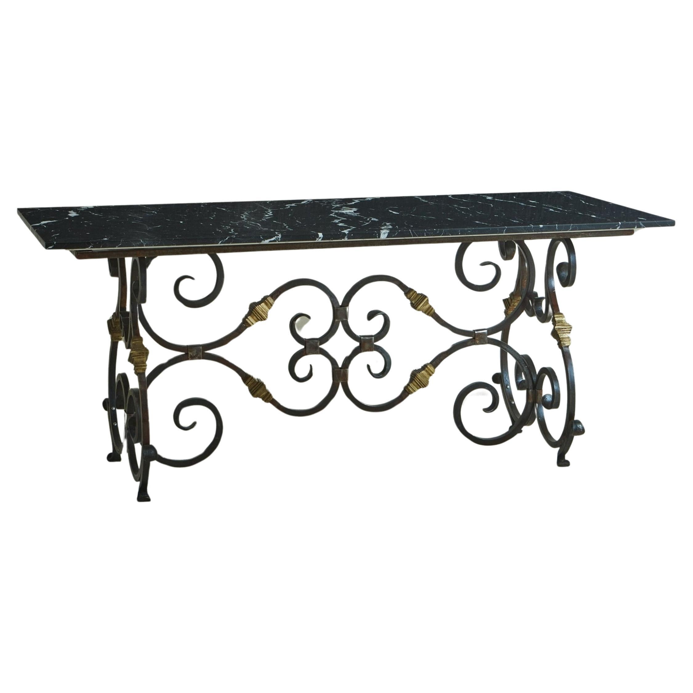 Nero Marquina Marble Dining Table with Wrought Iron Base, France 19th Century