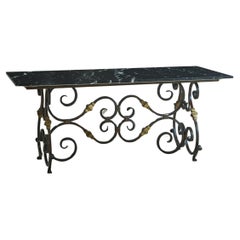 Antique Nero Marquina Marble Dining Table with Wrought Iron Base, France 19th Century