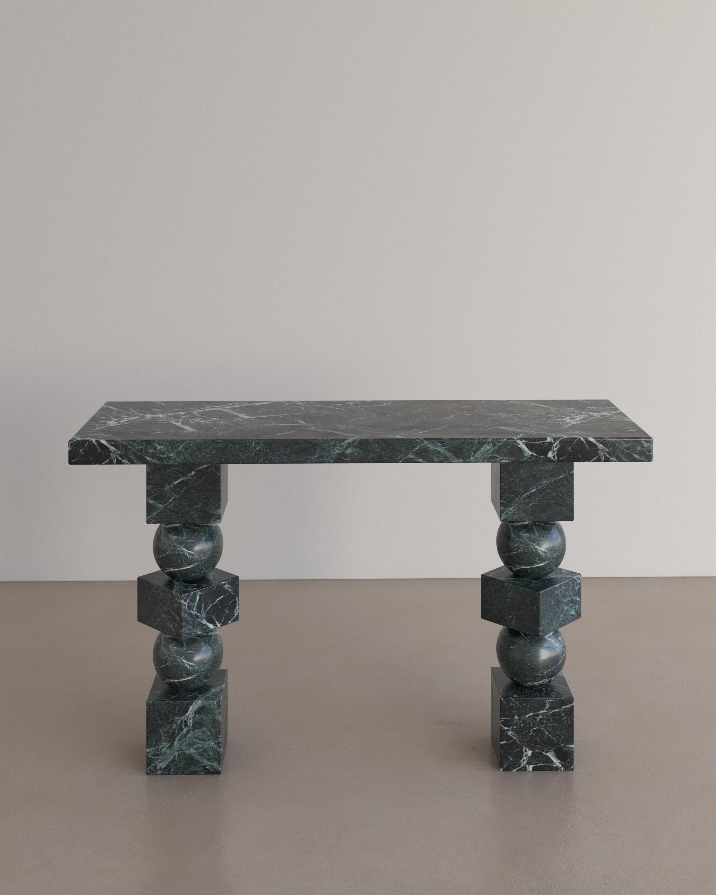 The Sufi Console Table in Nero Marquina Marble by The Essentialist celebrates proportion, scale and ancestral power. Three simple geometric shapes, stacked in a sequence bursts with undeniable energy, courtesy of the natural stone they are carved