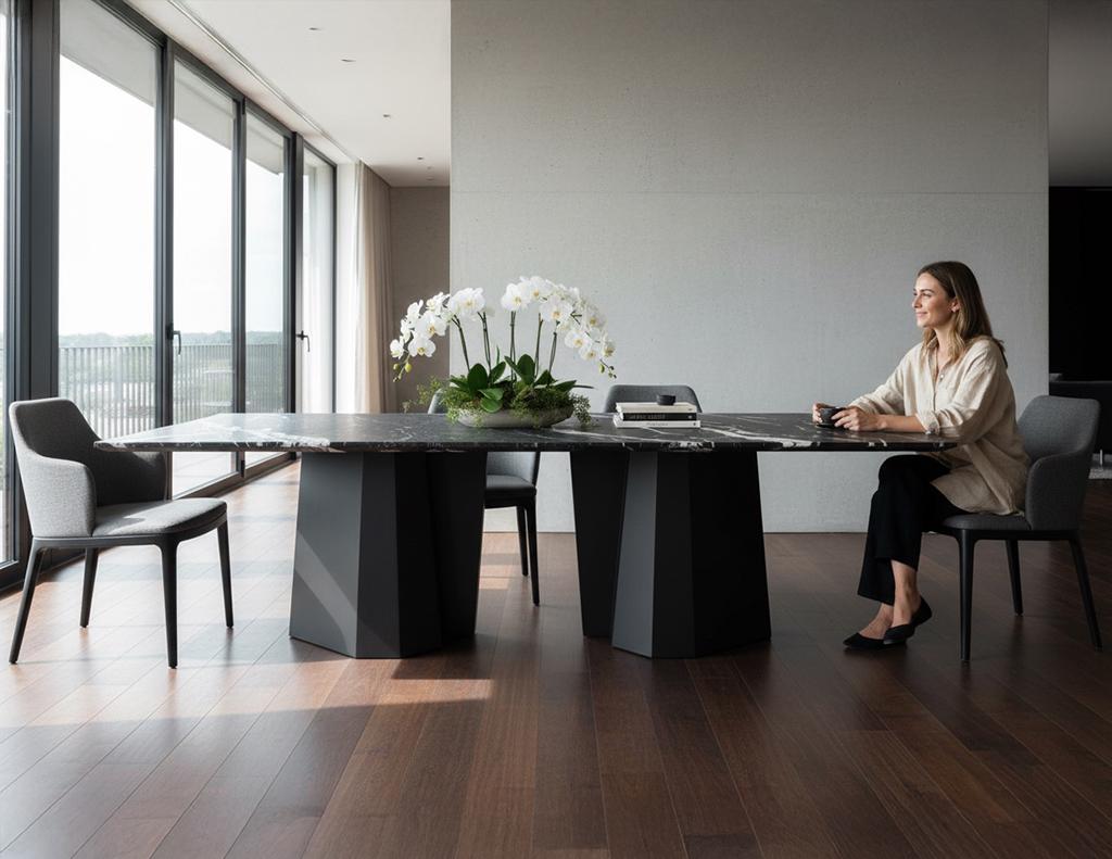 Introducing the Nero Milano, a Carrocel custom creation that epitomizes modern luxury. This striking dining table features a breathtaking Italian marble top with dramatic white and grey veining, finished with a refined tapered edge for a sleek,