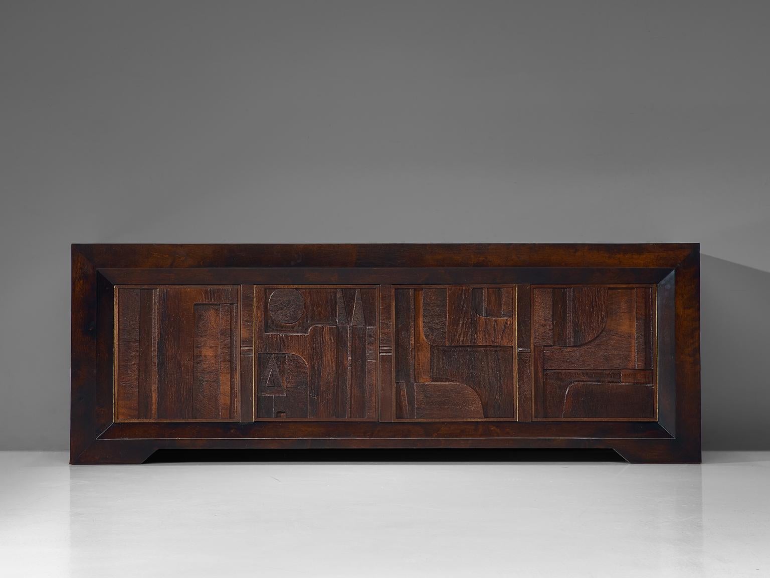 Nerone and Patuzzi for Gruppo NP2, sculptural sideboard, wood and glass, Italy, 1970s.

This rare and exceptional wooden sculptural sideboard is designed by Nerone and Patuzzi for Gruppo NP2. The Abstract Constructivism sideboard features high