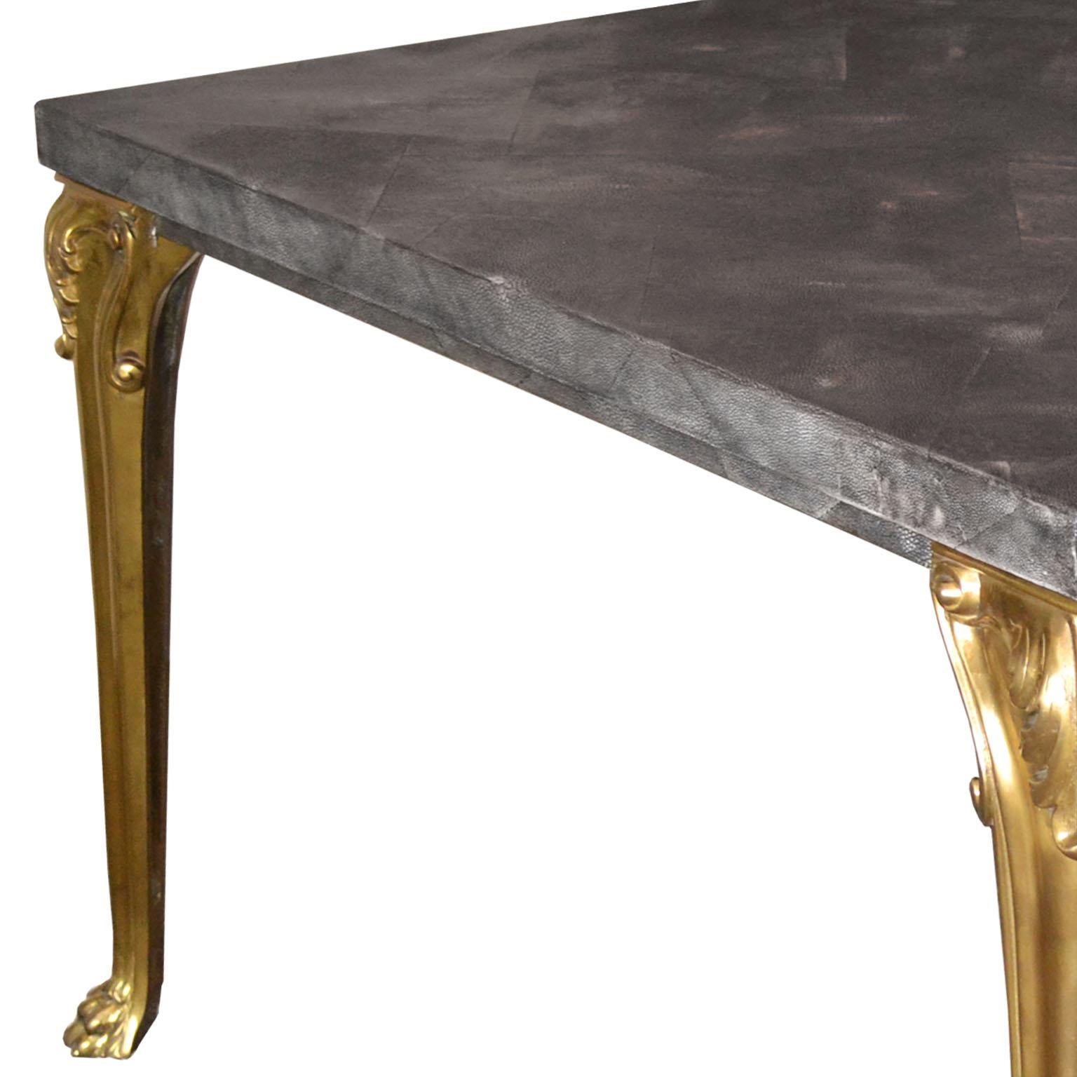 Modern Dining Table black scagliola shagreen top  casted brass legs handmade in Italy For Sale