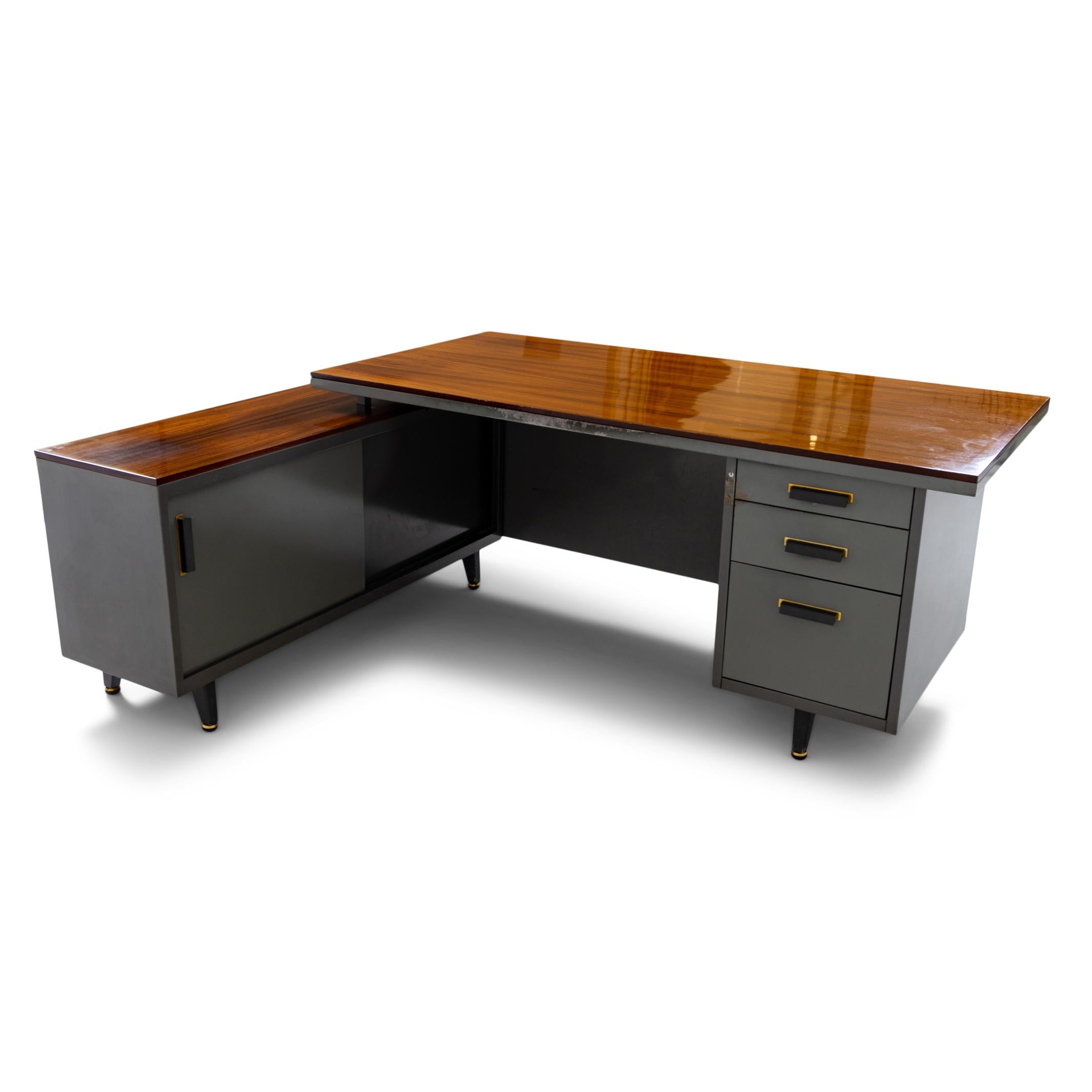 Large metal executive desk with side shelf and wooden relief by Nerone Ceccarelli and Giovanni Patuzzi.