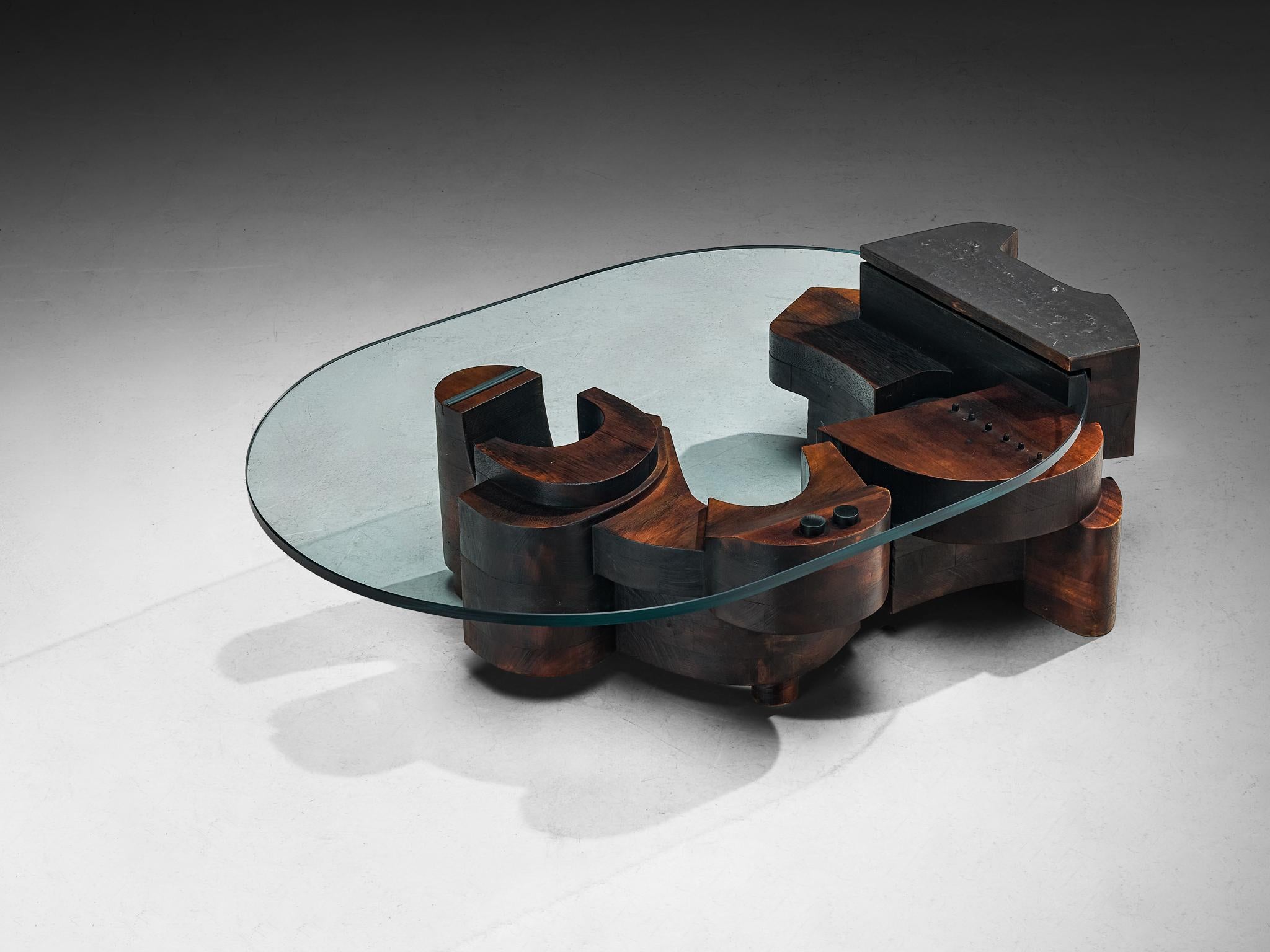 Nerone Giovanni Ceccarelli, coffee table, rare edition, wood, glass, lead, Italy, 1978

This mesmeric coffee table is the exclusive work by the Italian artist Nerone Giovanni Ceccarelli, created after Giancarlo Patuzzi left the NP2 group. It is an