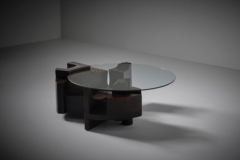 Nerone & Patuzzi coffee table mod. C10T for Gruppo NP2, Italy ca. 1972. Sculptural solid wooden base with strong geometrical forms creating an amazing architectonic piece. Made in a limited number of 100 pieces; this is number 64 - 100. Nerone