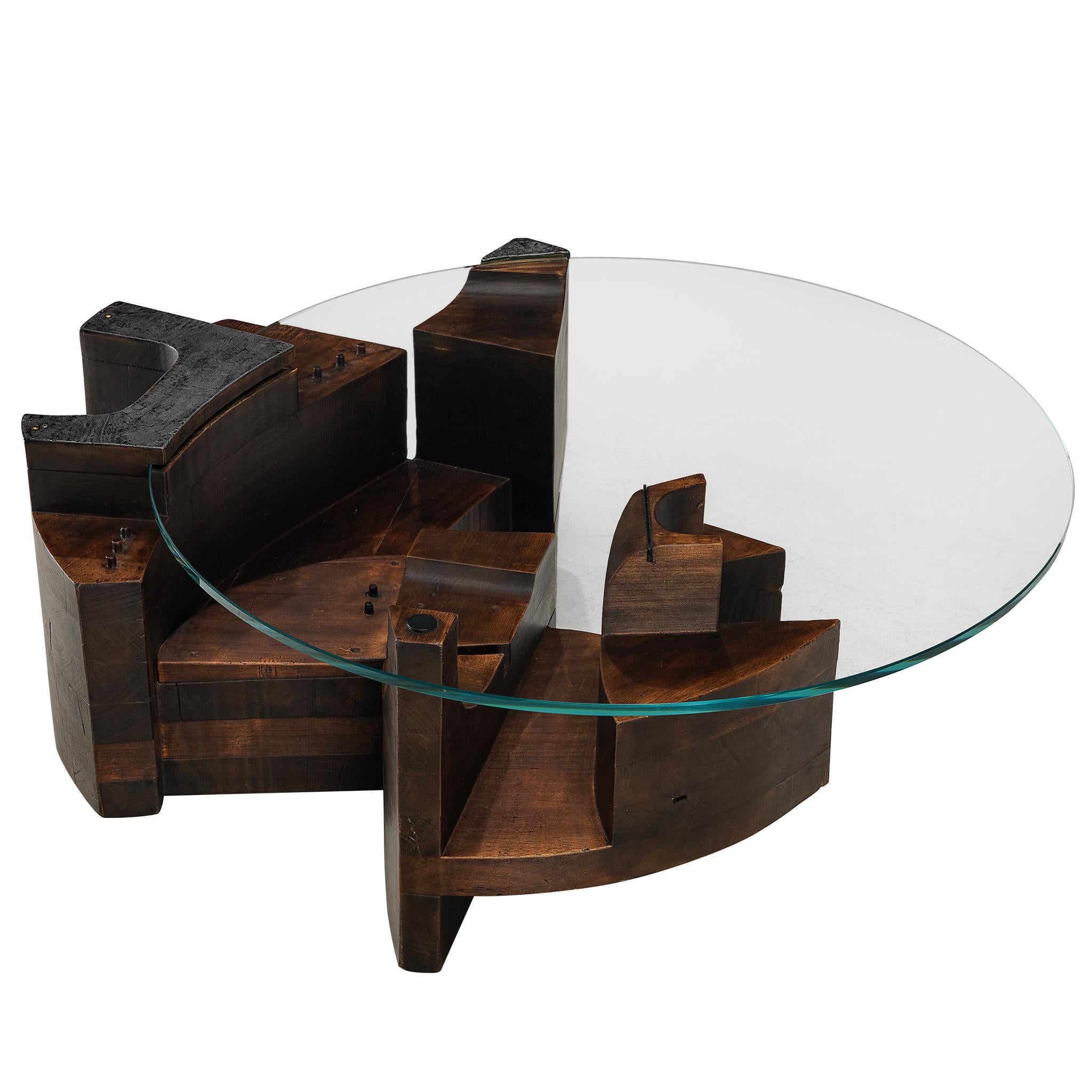 Nerone & Patuzzi pour Gruppo NP2 Table basse 'C10T' en Wood et verre de cristal