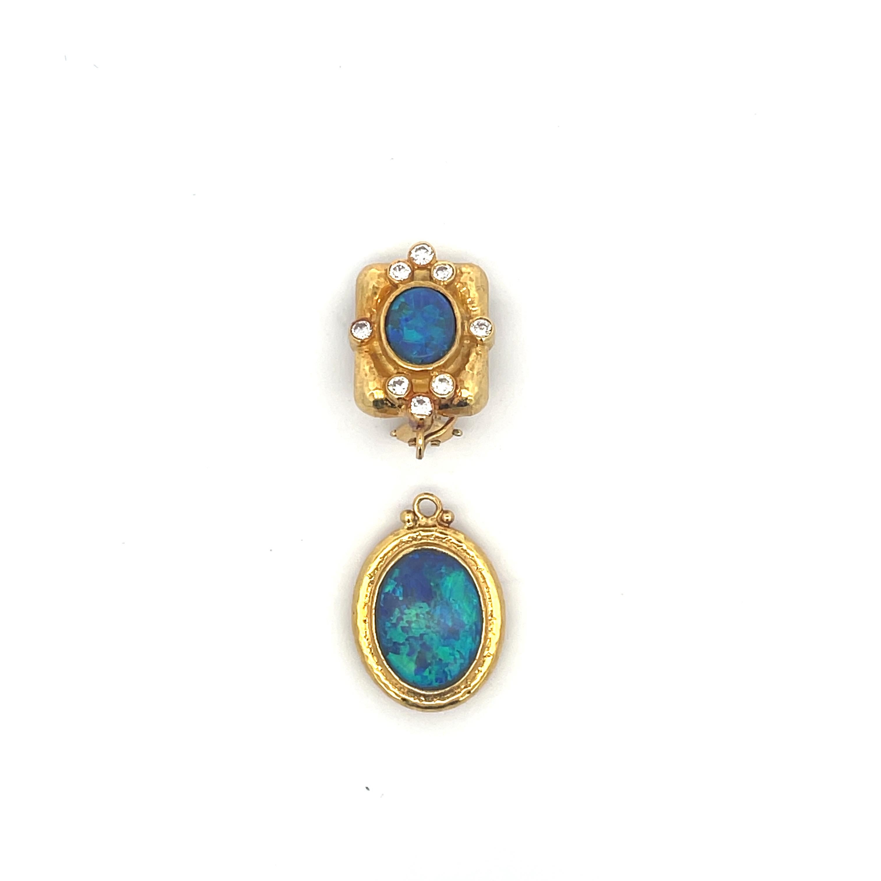 Opal and Diamond Earrings in 22K Yellow Gold by Nerson. The earrings feature approximately 8ctw of opals and 16 round diamonds. The drop on the earring can be removed. 
23 Grams
1.5