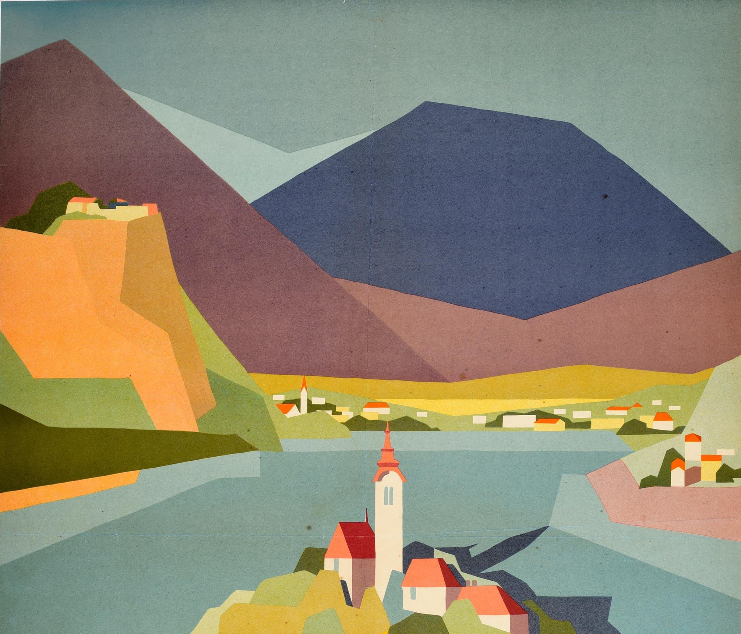 Original Vintage Travel Poster Lake Bled Island Yugoslavia Mountains Midcentury - Print by Nesic