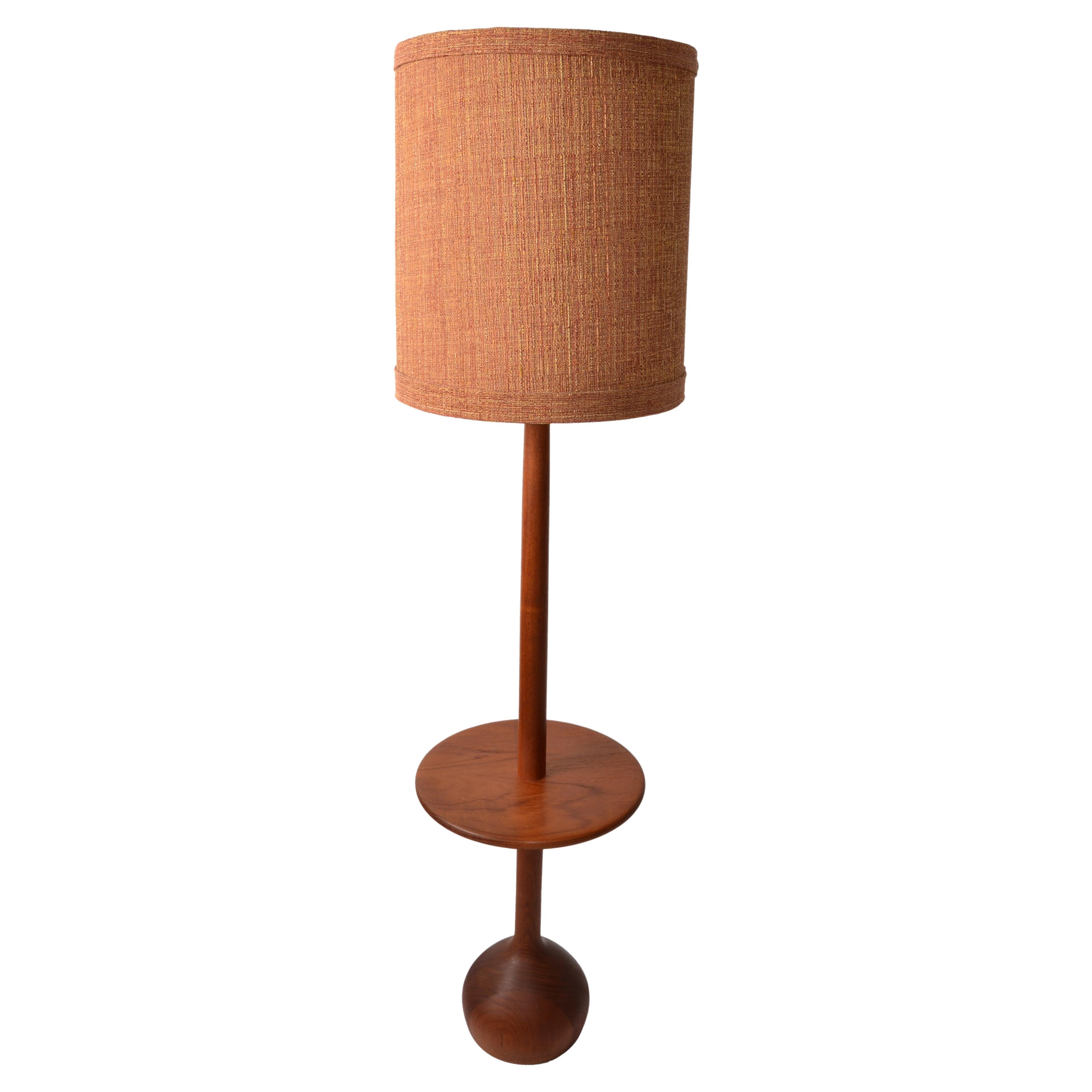 Nessen Lighting Style Turned Walnut Floor Lamp Mid-Century Modern Fabric Shade For Sale