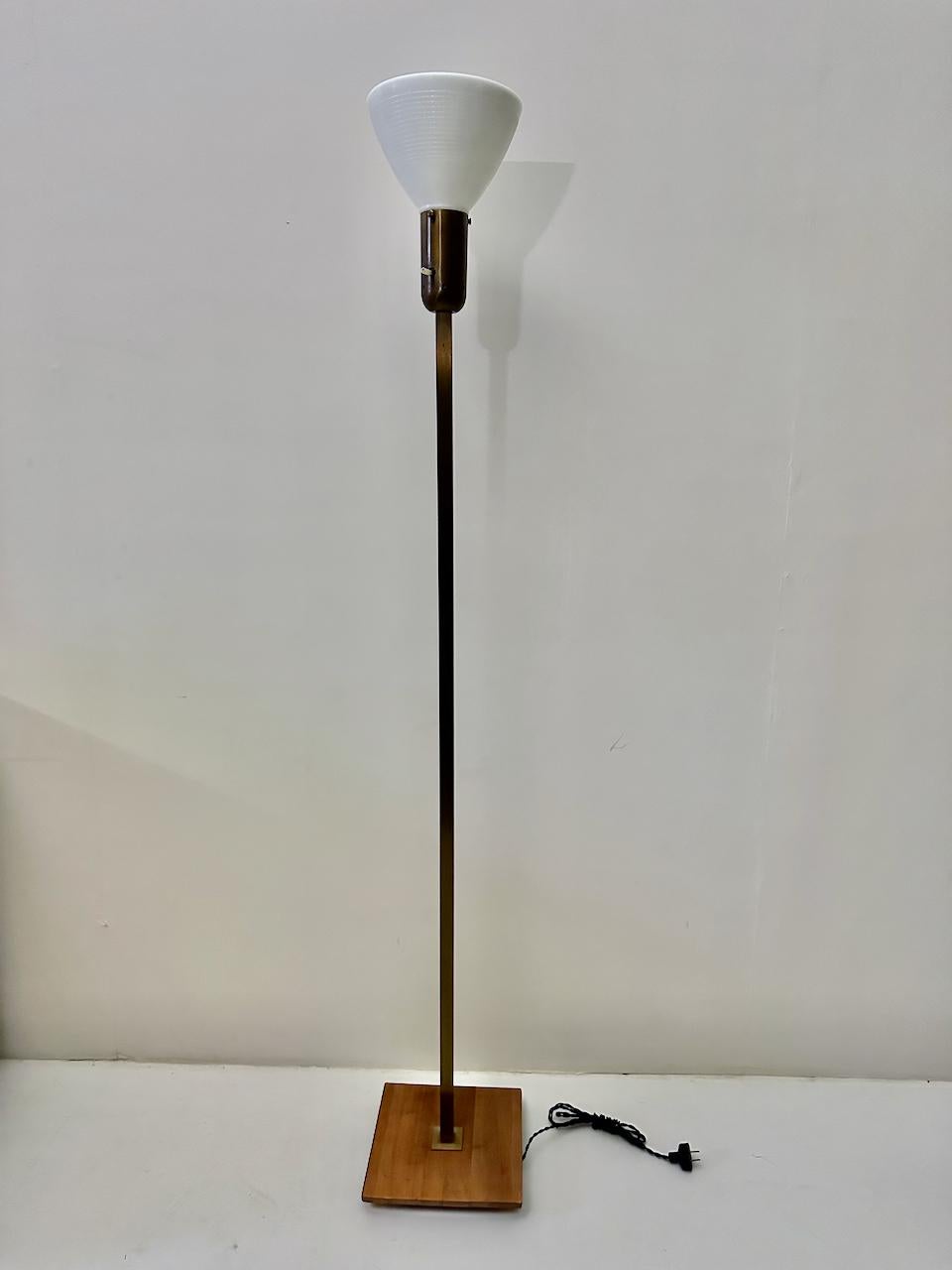 Mid-Century Modern Nessen Studios Brass & Walnut Reading Floor Lamp with White Glass Shade, 1950's  For Sale