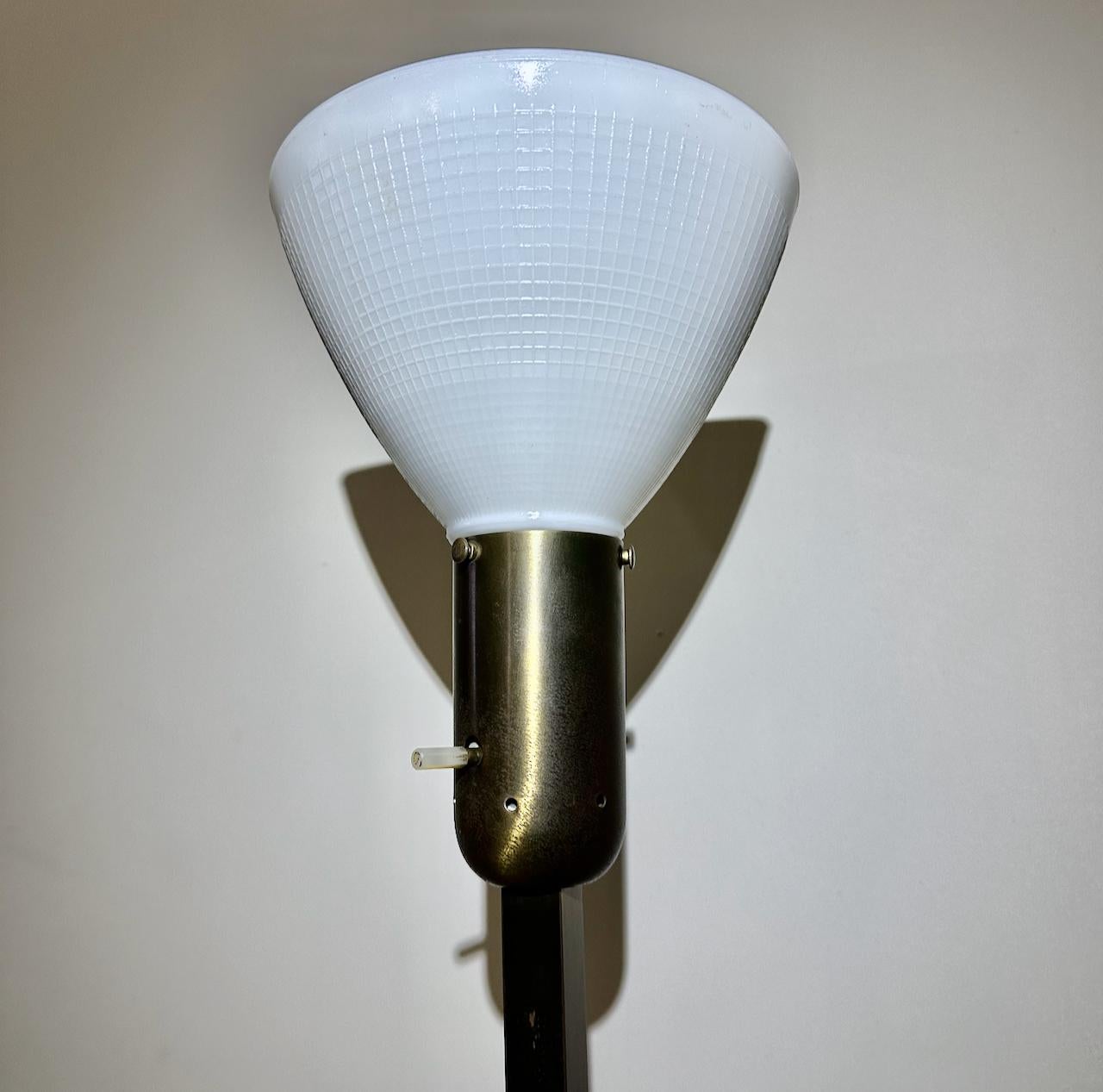 Nessen Studios Brass & Walnut Reading Floor Lamp with White Glass Shade, 1950's  For Sale 2