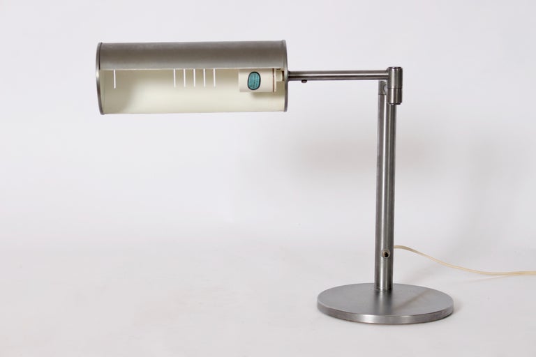 Nessen Studios Brushed Steel Swing Arm & Cylinder Shade Desk Lamp, 1960's In Good Condition For Sale In Bainbridge, NY