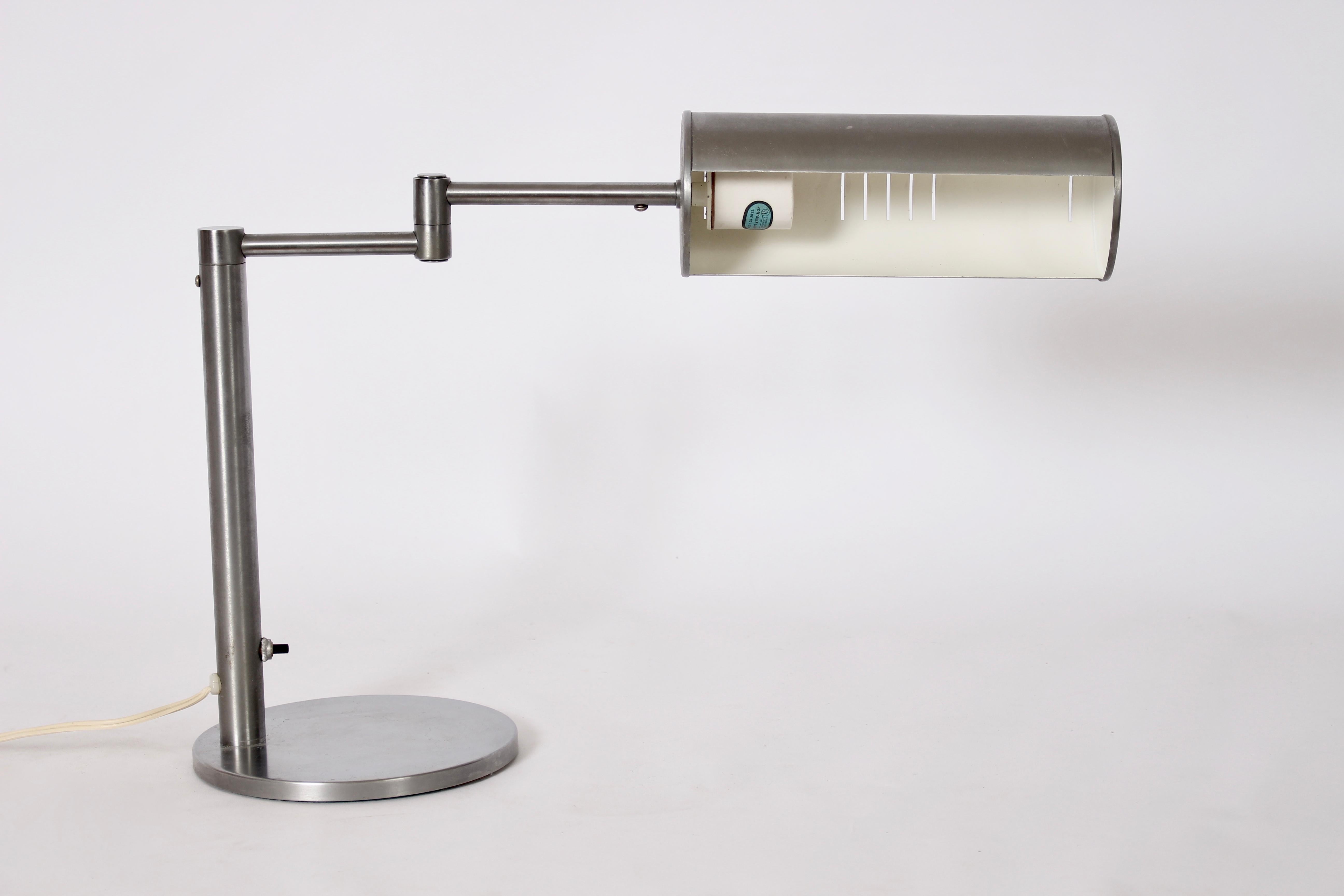 Mid-20th Century Nessen Studios Brushed Steel Swing Arm Desk Lamp with Cylinder Shade, 1960's For Sale