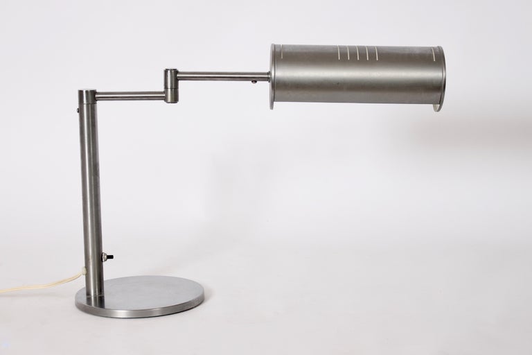 Nessen Studios Brushed Steel Swing Arm & Cylinder Shade Desk Lamp, 1960's For Sale 1