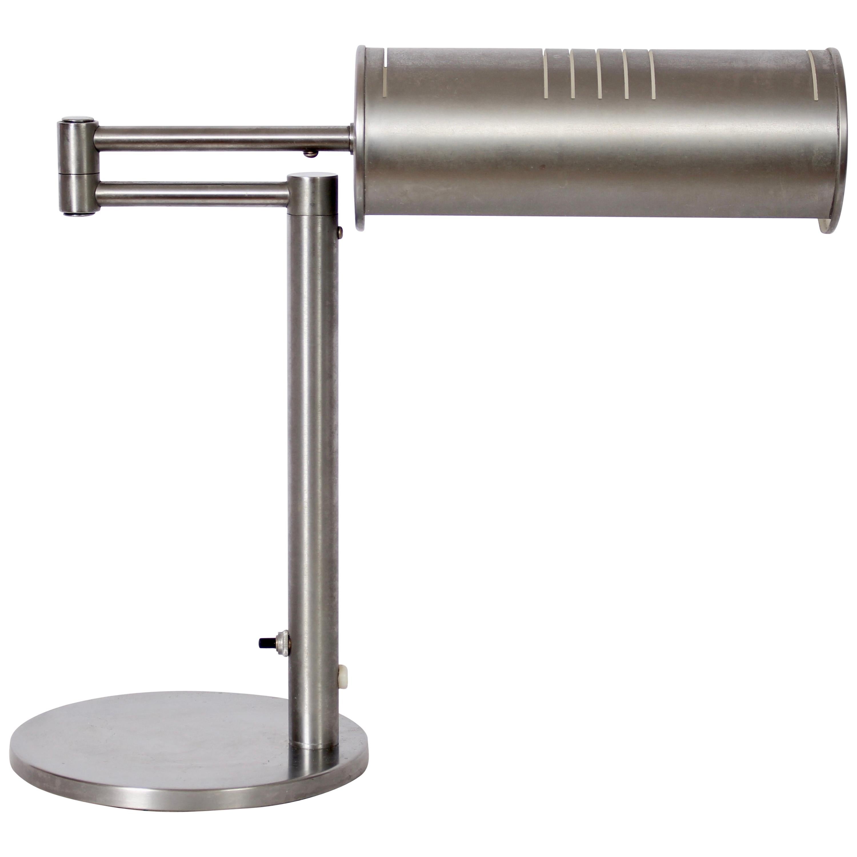 Nessen Studios Brushed Steel Swing Arm Desk Lamp with Cylinder Shade, 1960's For Sale