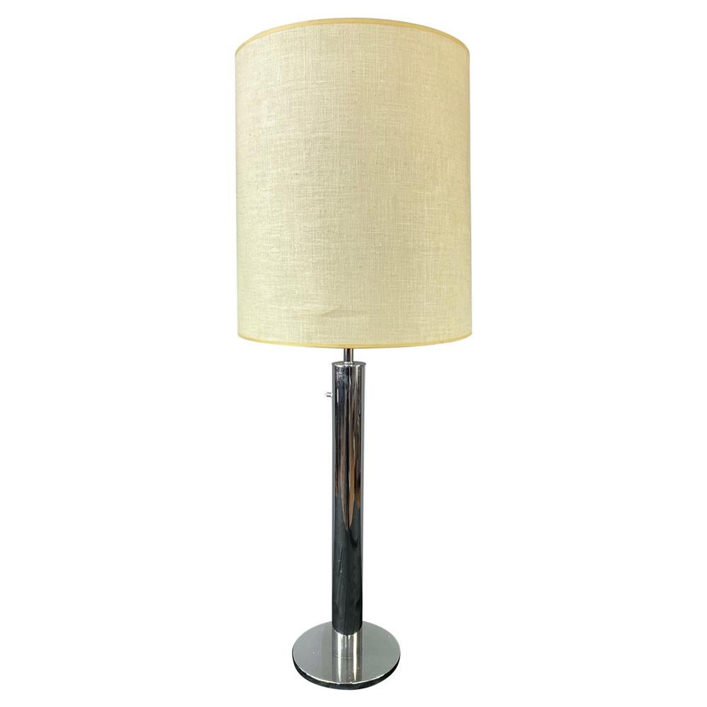 Nessen Tall Minimalist Chrome Table Lamp with Original Shade, c. 1970 For Sale