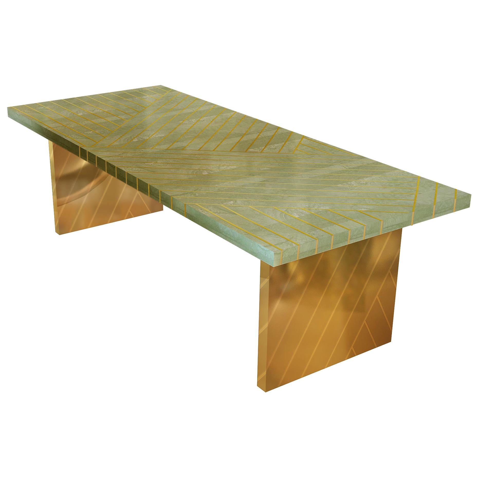 Nesso Mint Green Large Dining Table with Brass Inlayby Matteo Cibic