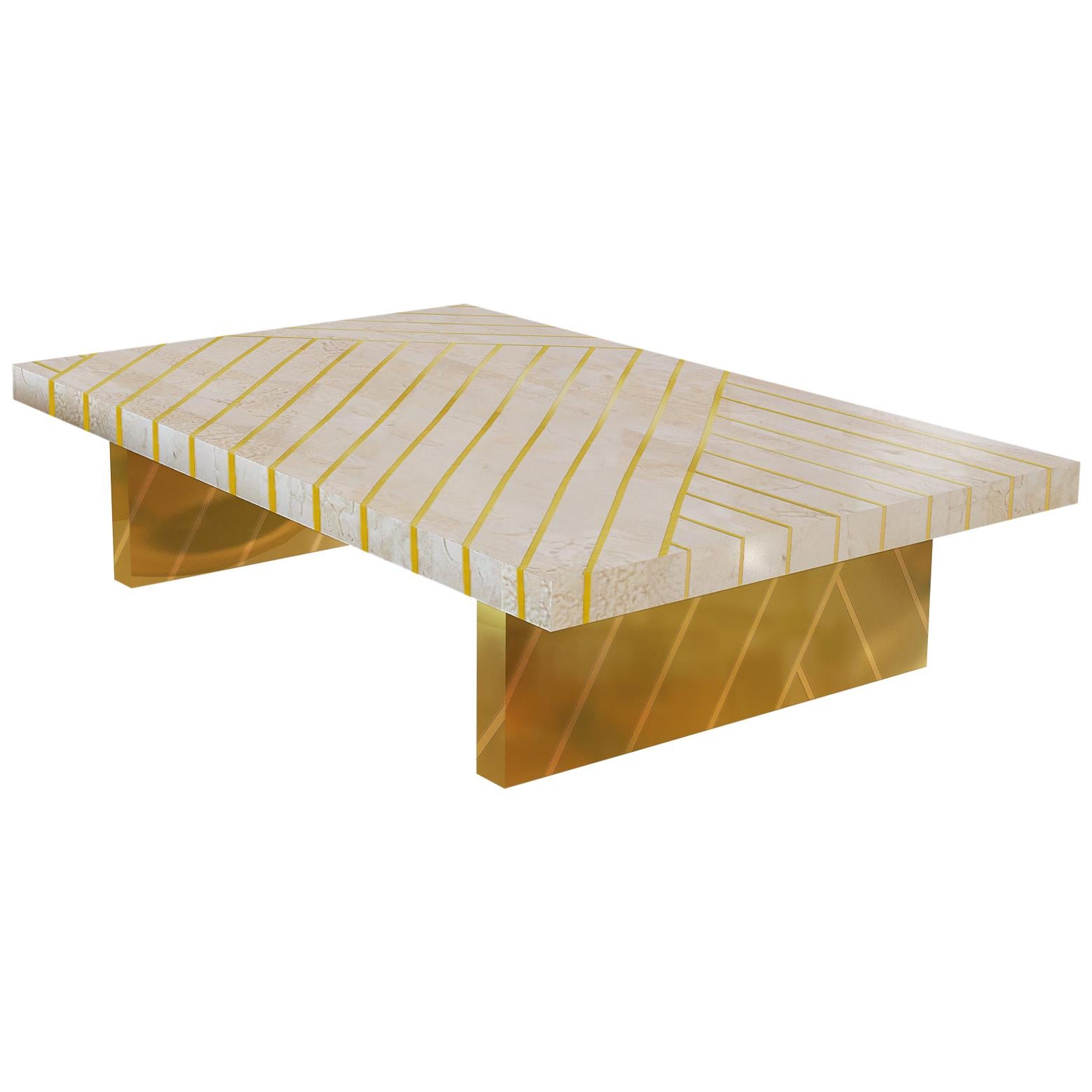 Nesso Beige and Pink Medium Coffee Table with Brass Inlay by Matteo Cibic