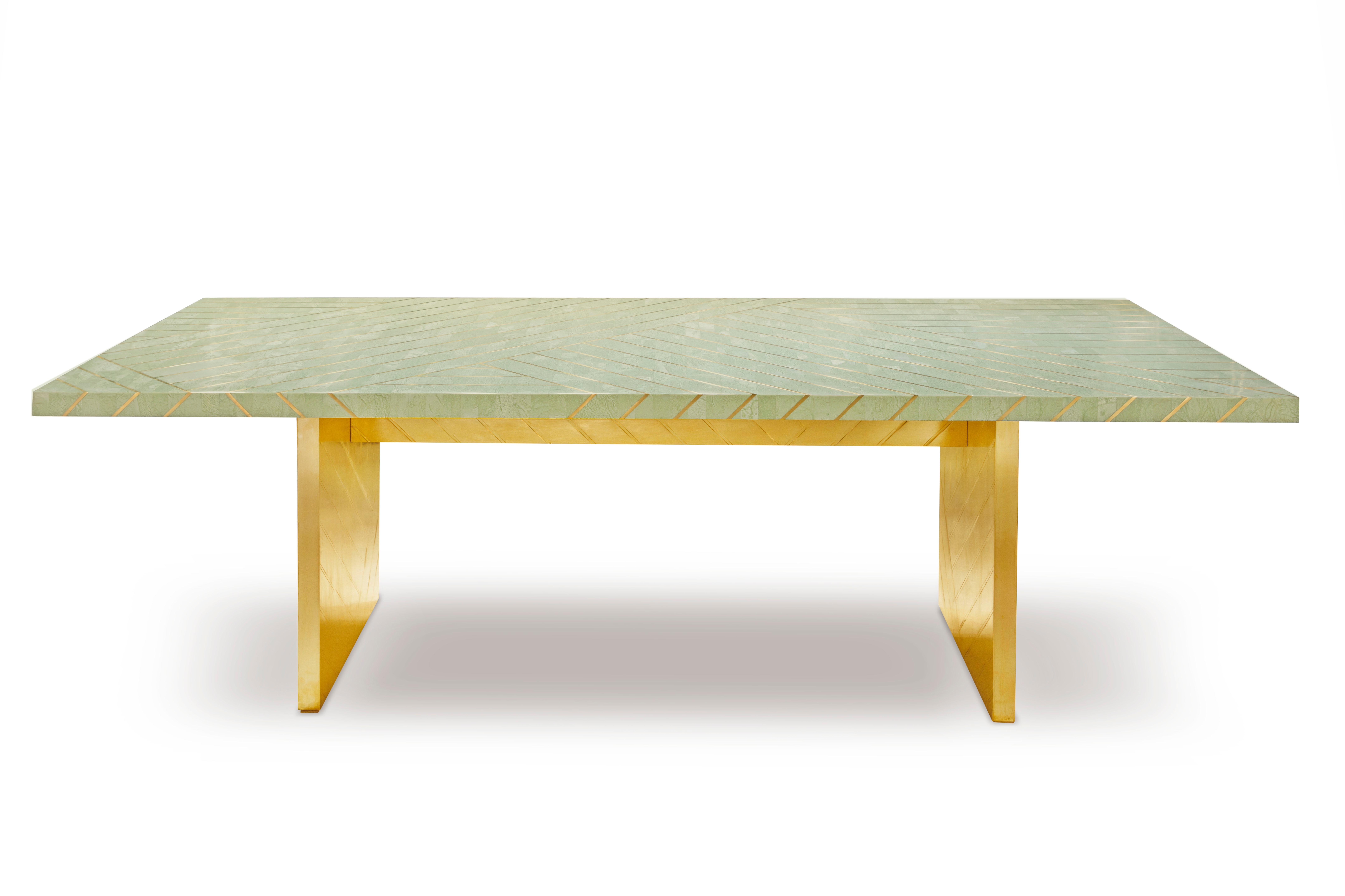 Modern Nesso Mint Green Medium Dining Table with Brass Inlay by Matteo Cibic For Sale