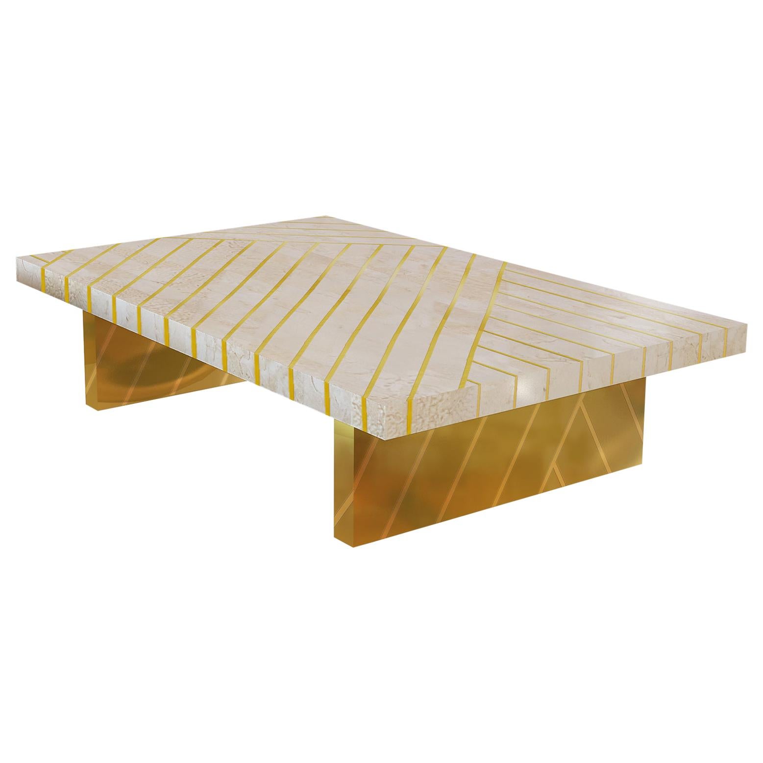 Nesso Beige and Pink Small Coffee Table with Brass Inlay by Matteo Cibic For Sale