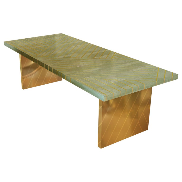 Nesso Mint Green Small Dining Table with Brass Inlay by Matteo Cibic