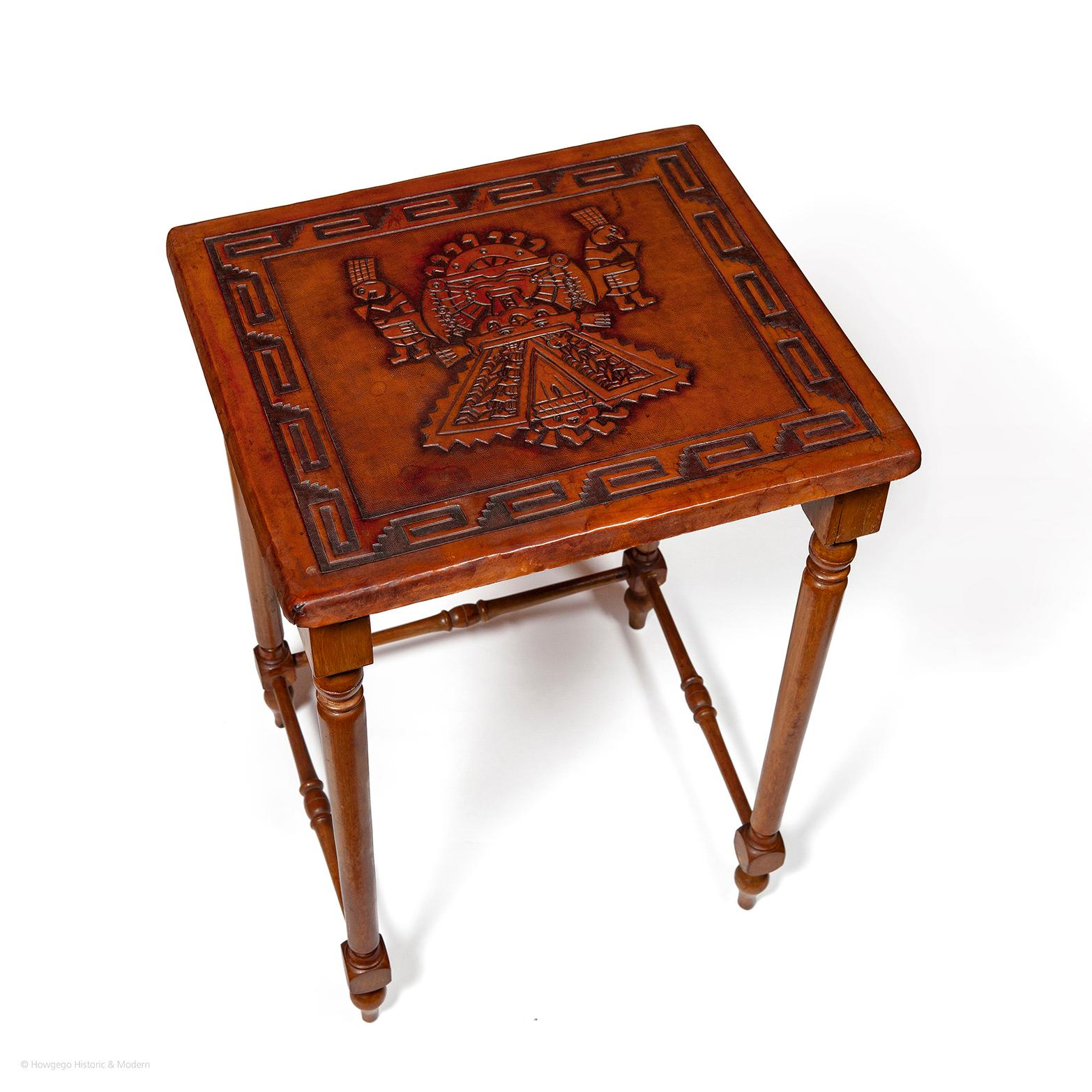 Mid-Century Modern Nest 3 Sidetable Low Tables Leather Brown Peru Vintage Aztec Embossed Spanish