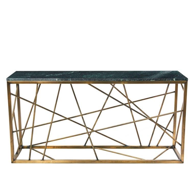 Plaqué Console Nest de Morgan Clayhall, acier, marbre, base sculpturale en laiton antique en vente