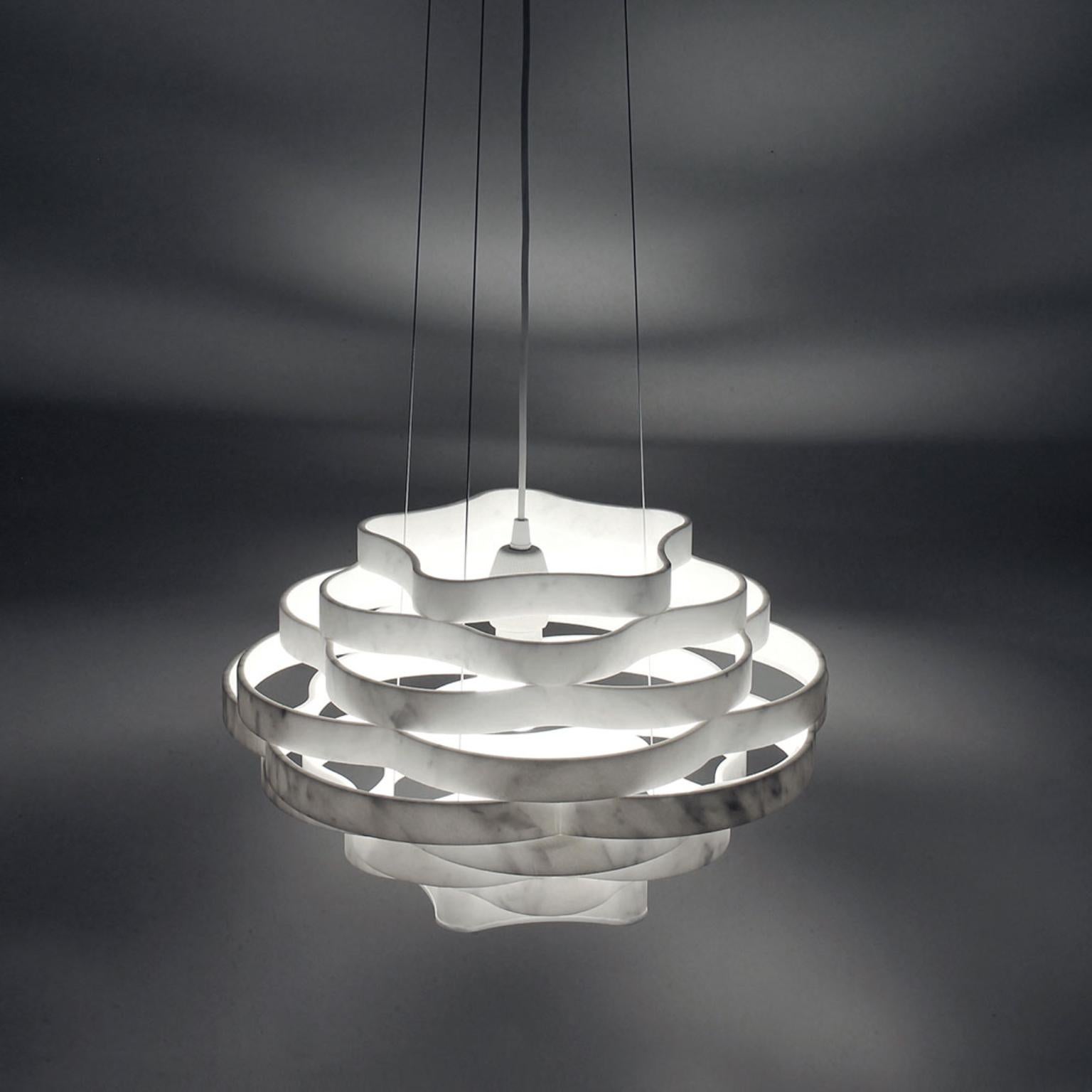 Nest LN1 Decorative Hanging Lamp in White Carrara Marble by Bufalini Marmi
Dimensions: D 35 x W 35 x H 26 cm. 
Materials: White Carrara marble.

Available in different sizes and shapes. Prices may vary. All our lamps can be wired according to each
