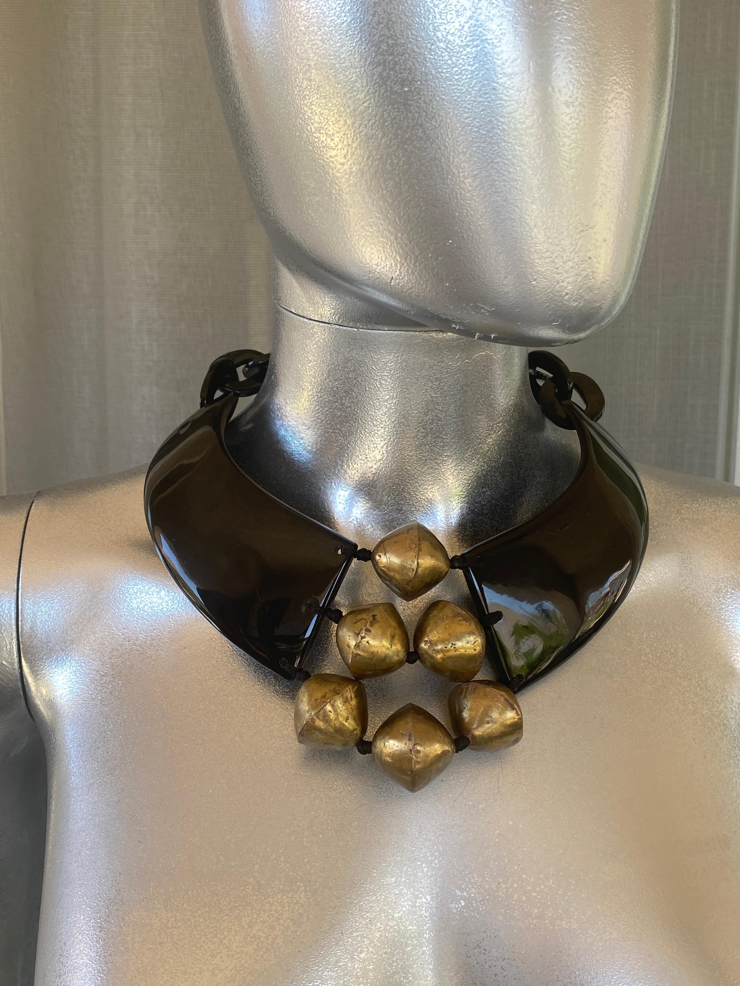 Modern Nest NY Statement Necklace of Black and Brass from Palm Springs Socialite For Sale