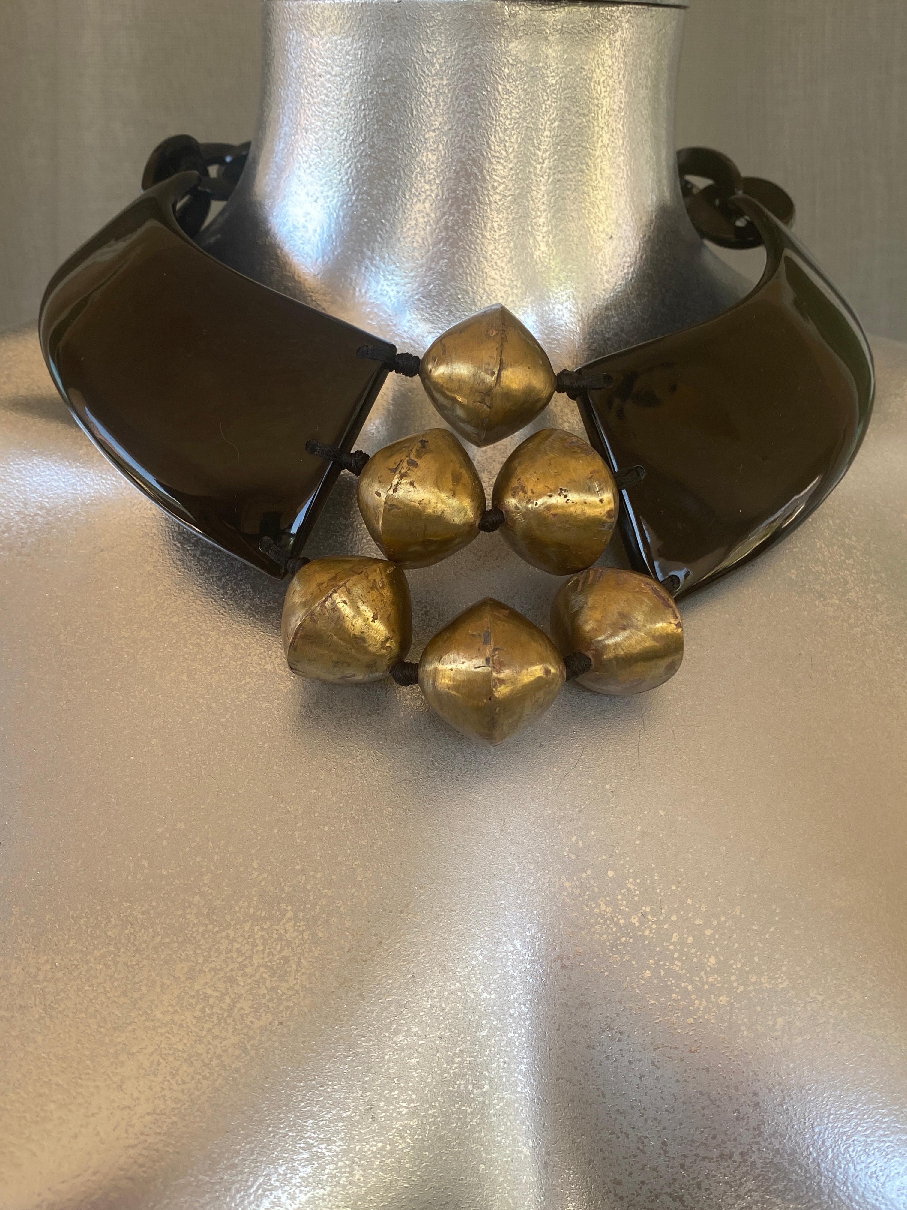 Women's Nest NY Statement Necklace of Black and Brass from Palm Springs Socialite For Sale