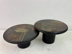 Nest of 1990s Black Concrete Brutalist Tables with Brass Inlay