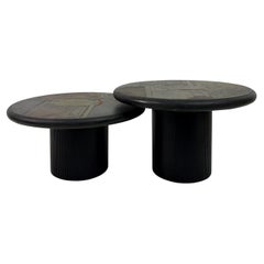 Nest of 1990s Black Concrete Brutalist Tables with Brass Inlay