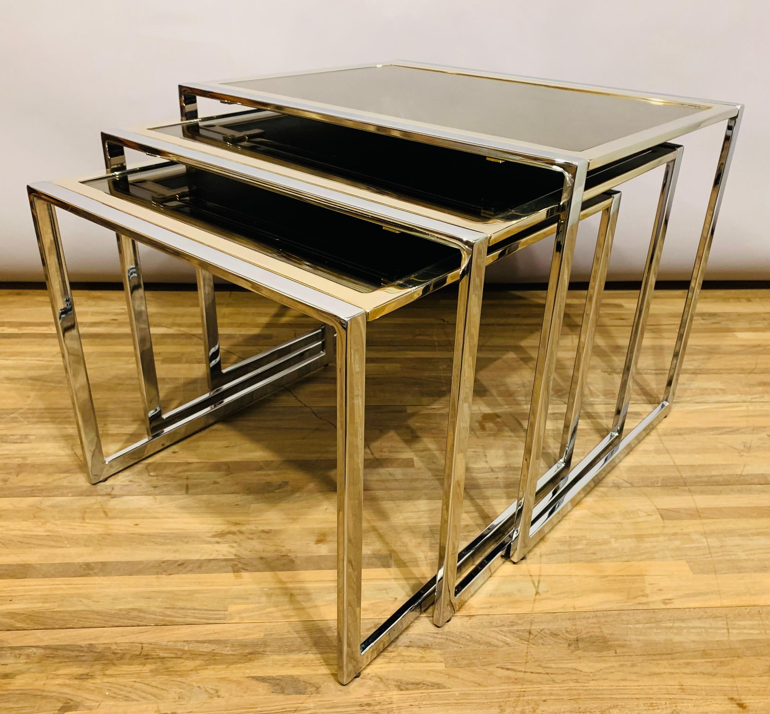 Belgian Nest of 3 1970s Belgium Belgo Chrom Chrome, Gold & Bronzed Mirrored Tables