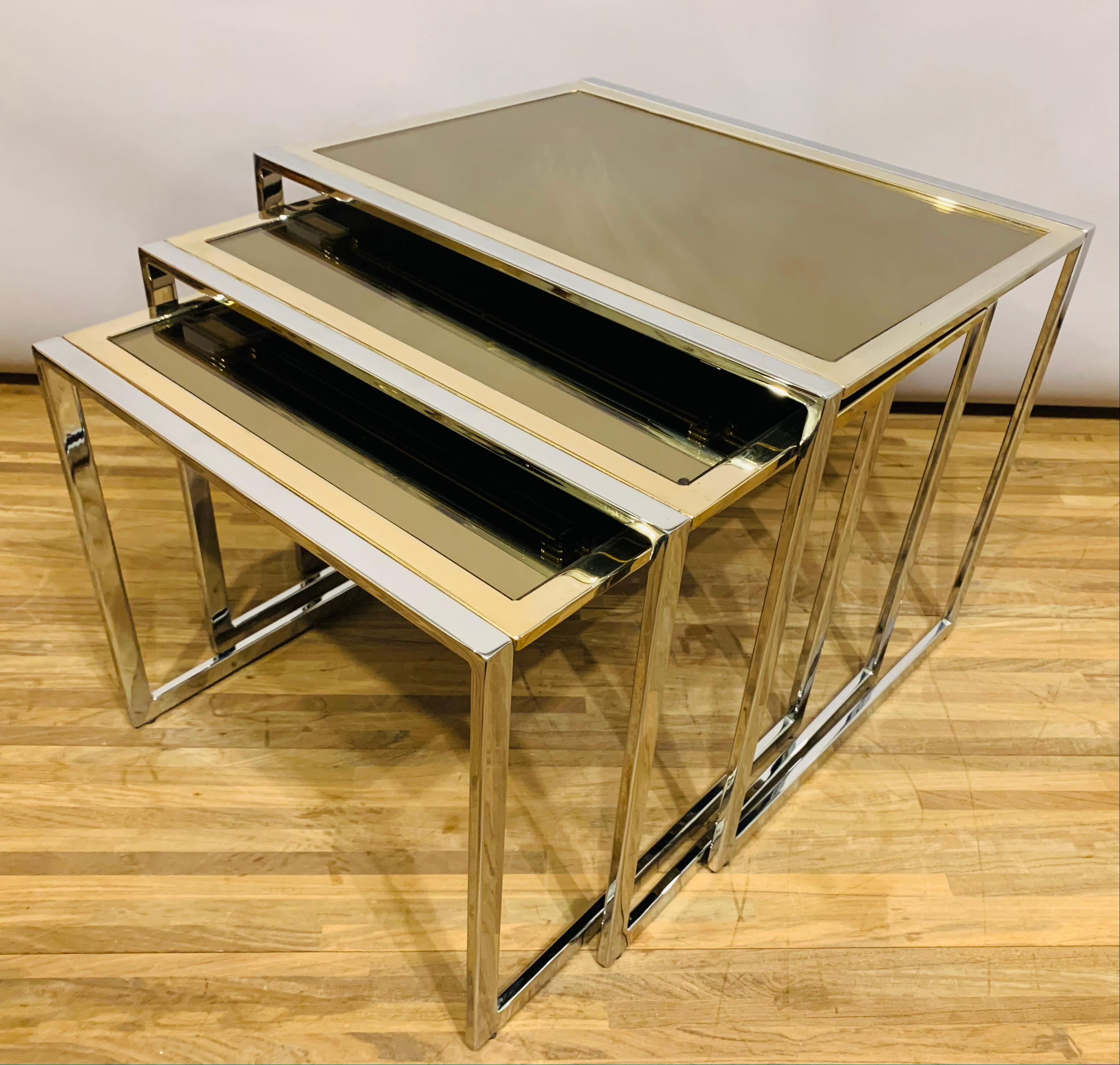 Nest of 3 1970s Belgium Belgo Chrom Chrome, Gold & Bronzed Mirrored Tables In Good Condition In London, GB