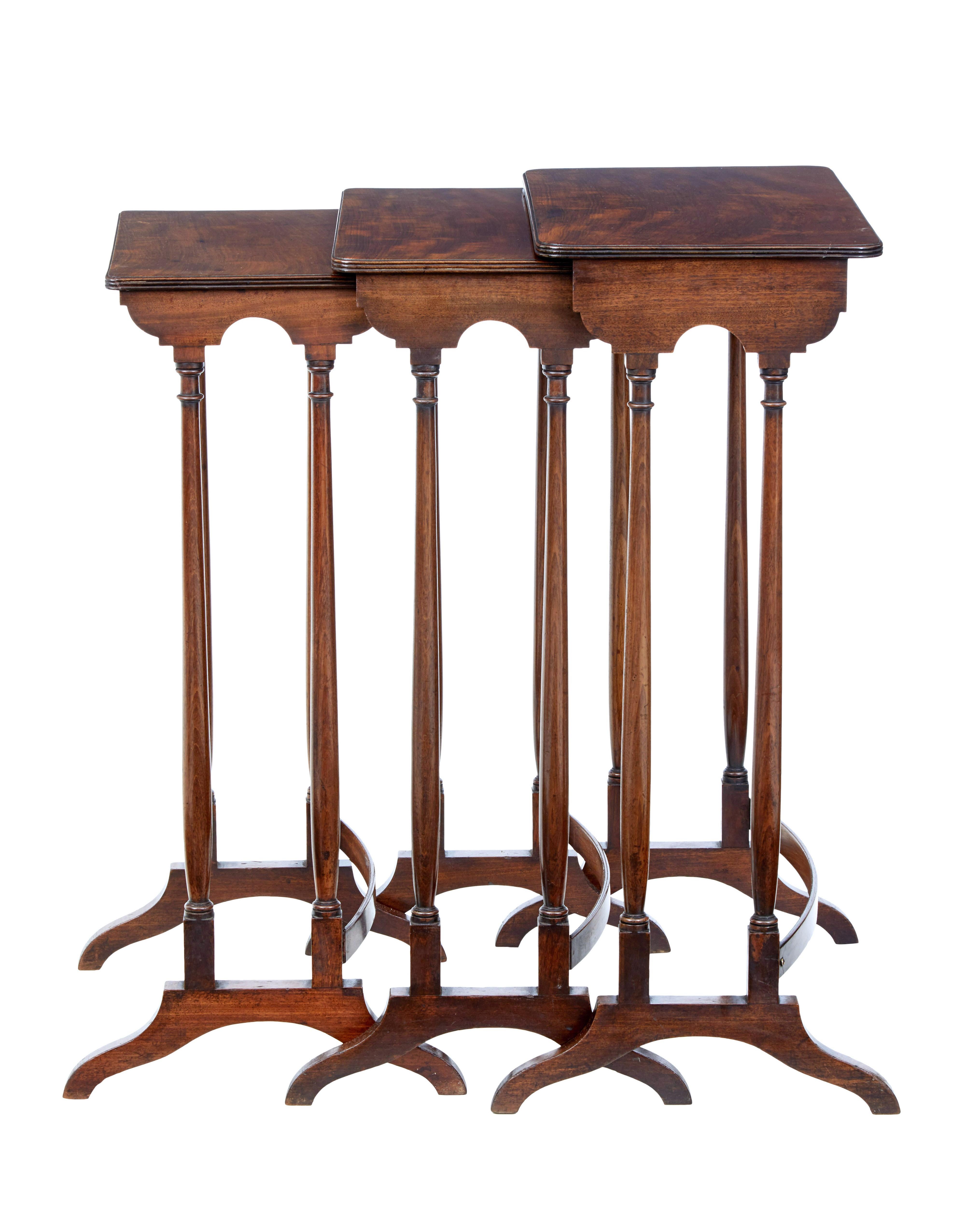 Fine set of English nesting tables circa 1860.

Beautiful mahogany tops with good colour and patina. Each standing on turned legs and shaped back stretcher.

Elegant set ready to use in the home.

Heights range from 28 1/4