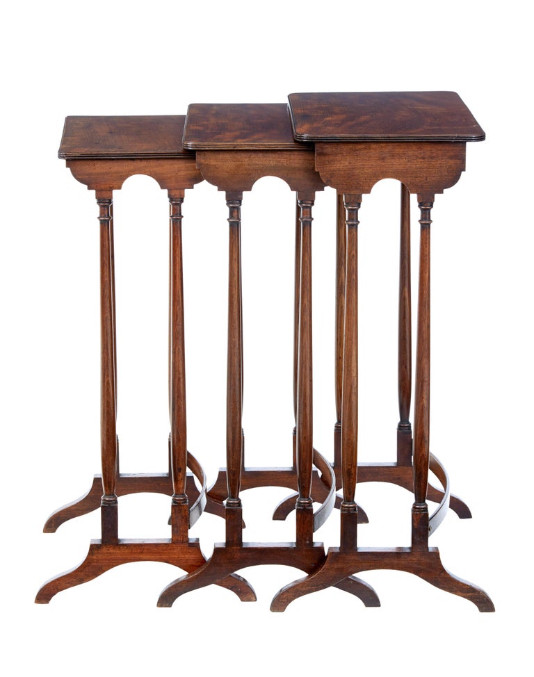 Fine set of English nesting tables, circa 1860.

Beautiful mahogany tops with good color and patina. Each standing on turned legs and shaped back stretcher.

Elegant set ready to use in the home.

Measures: Heights range from 28 1/4
