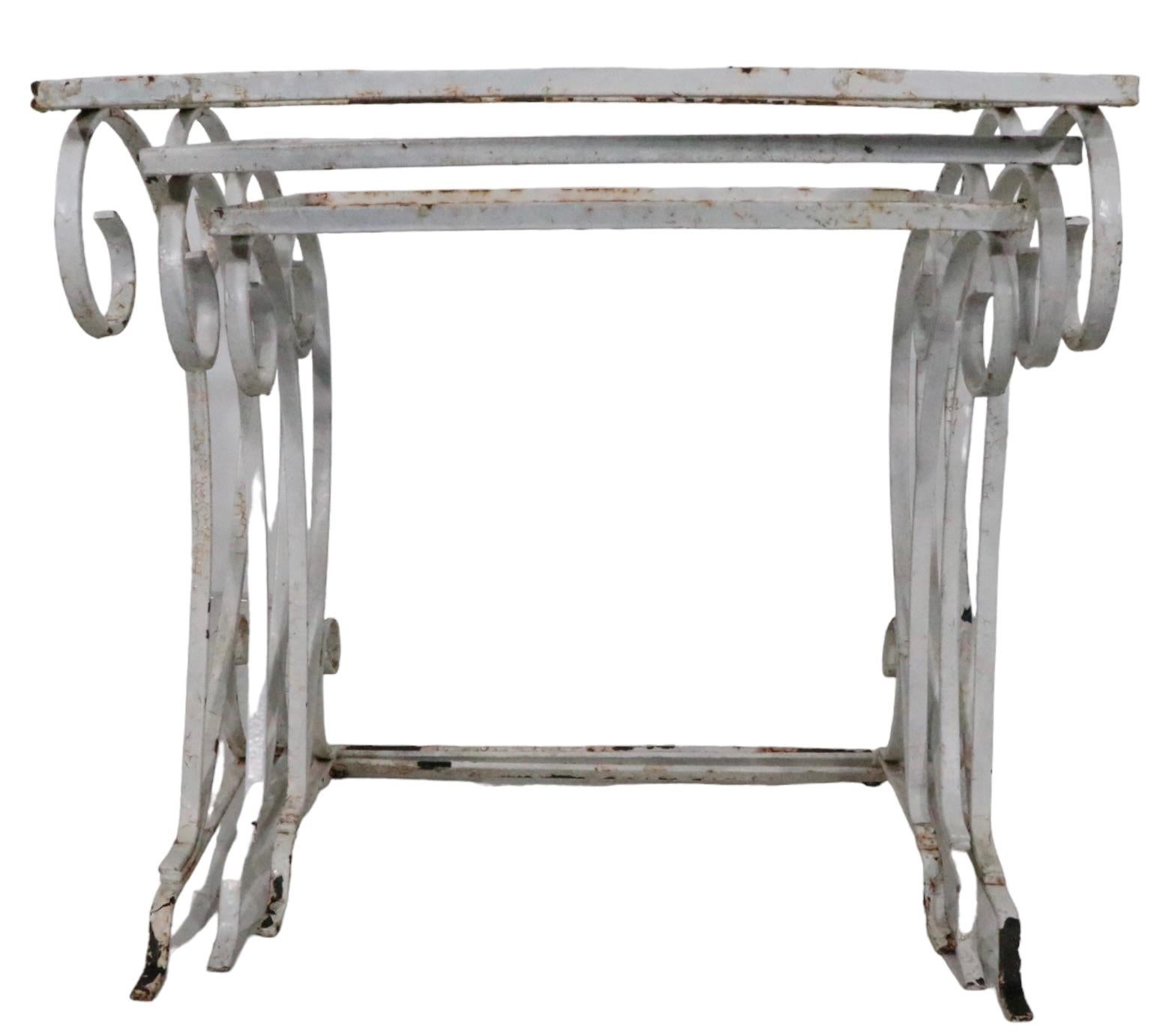 20th Century Nest of 3 Art Deco Mid Century Wrought Iron Patio Garden Tables by Salterini For Sale