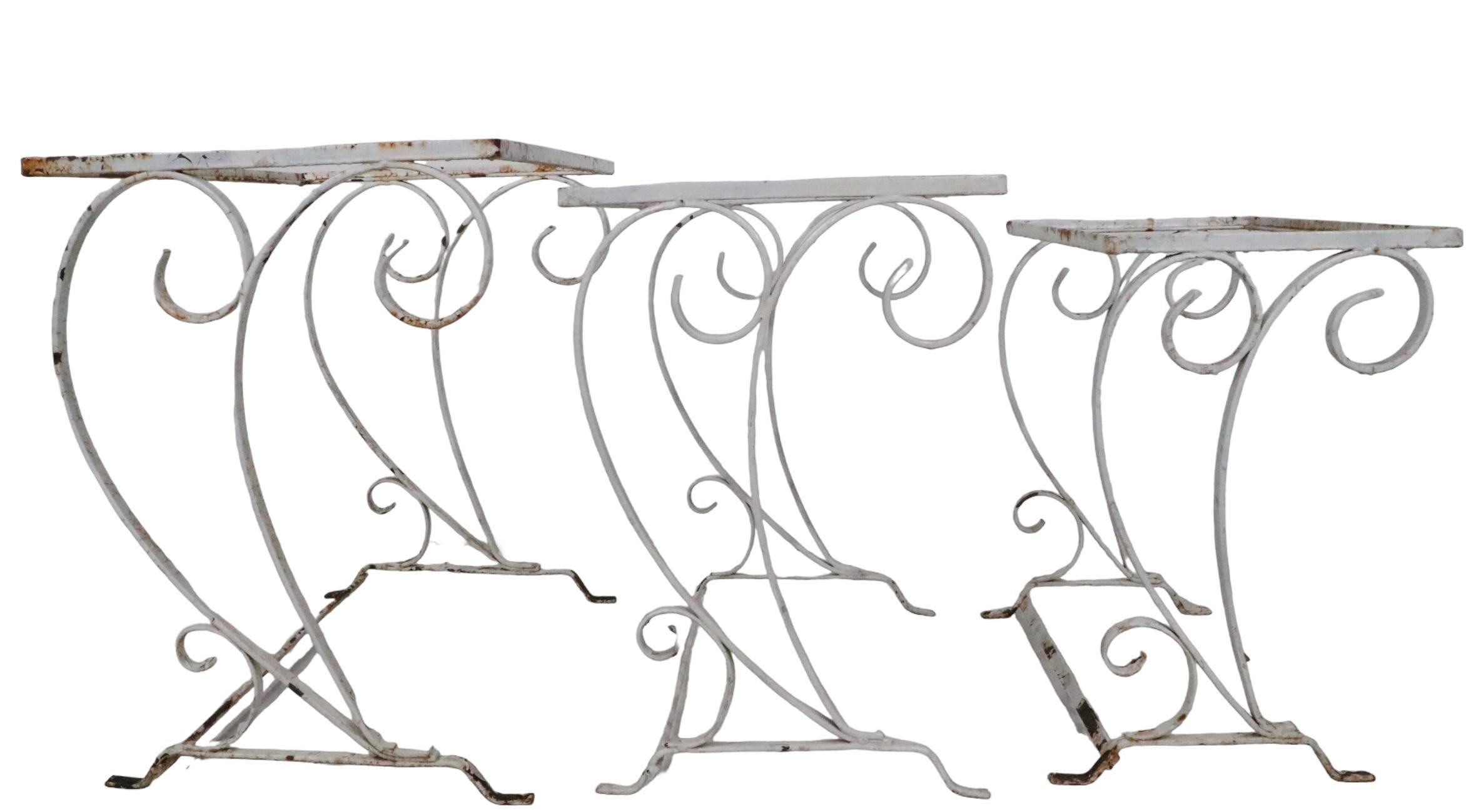 20th Century Nest of 3 Art Deco Mid Century Wrought Iron Patio Garden Tables by Salterini For Sale