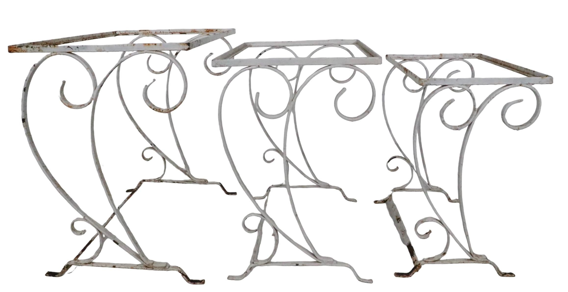 Nest of 3 Art Deco Mid Century Wrought Iron Patio Garden Tables by Salterini For Sale 1