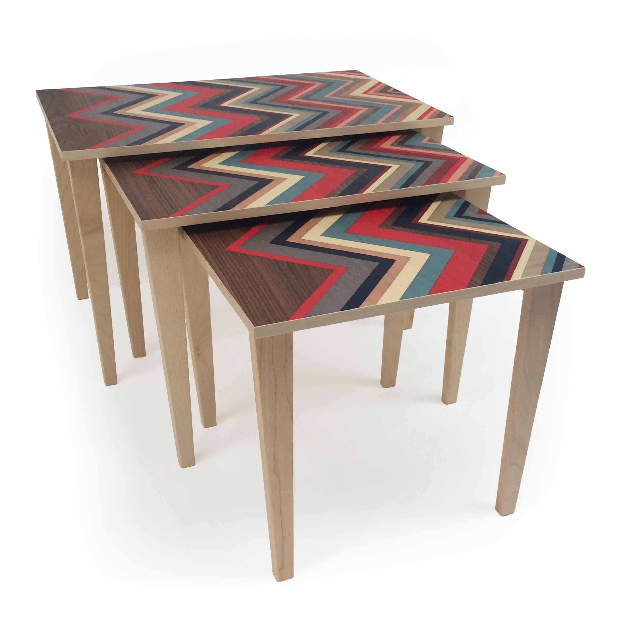 Contemporary Handcrafted Nest of 3 Tables on Maple Bases with Marquetry Tops For Sale