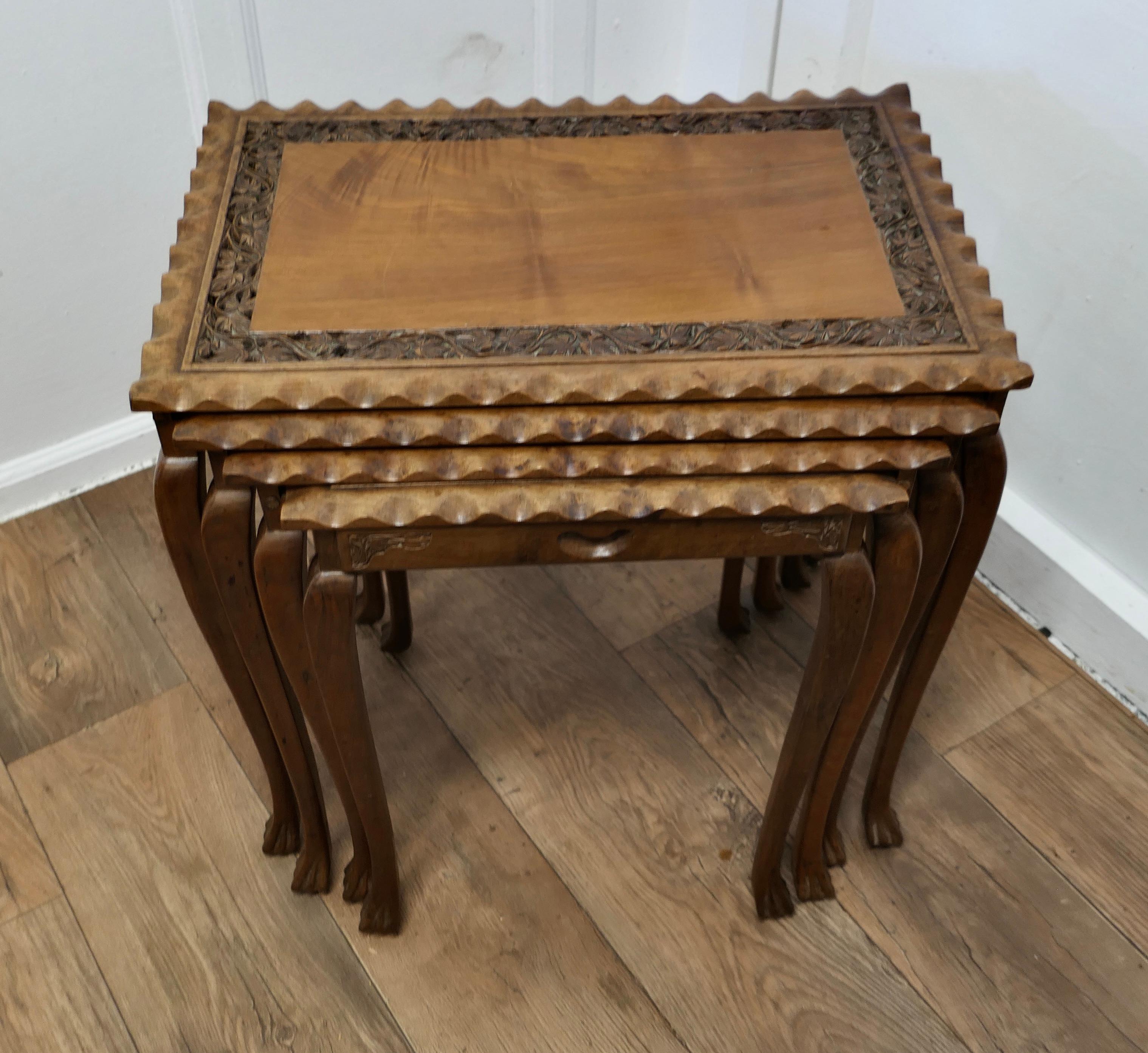 Anglo-Indian  Nest of 4 Tables, in Carved Teak     For Sale