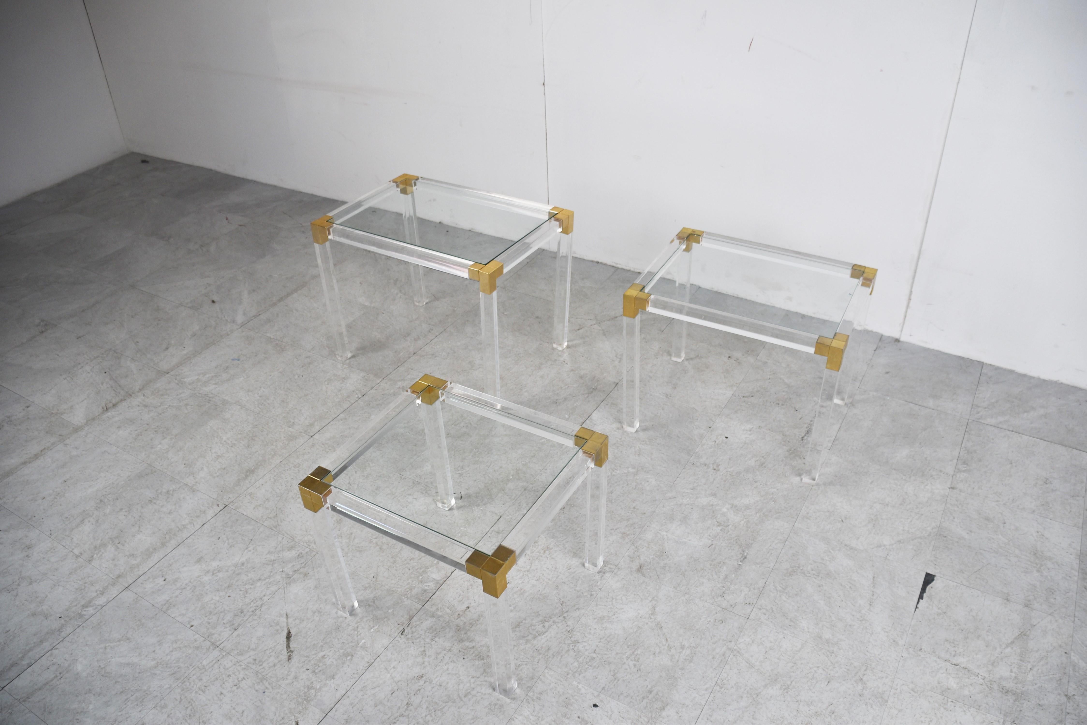 Late 20th Century Nest of Brass and Lucite Tables, 1970s For Sale